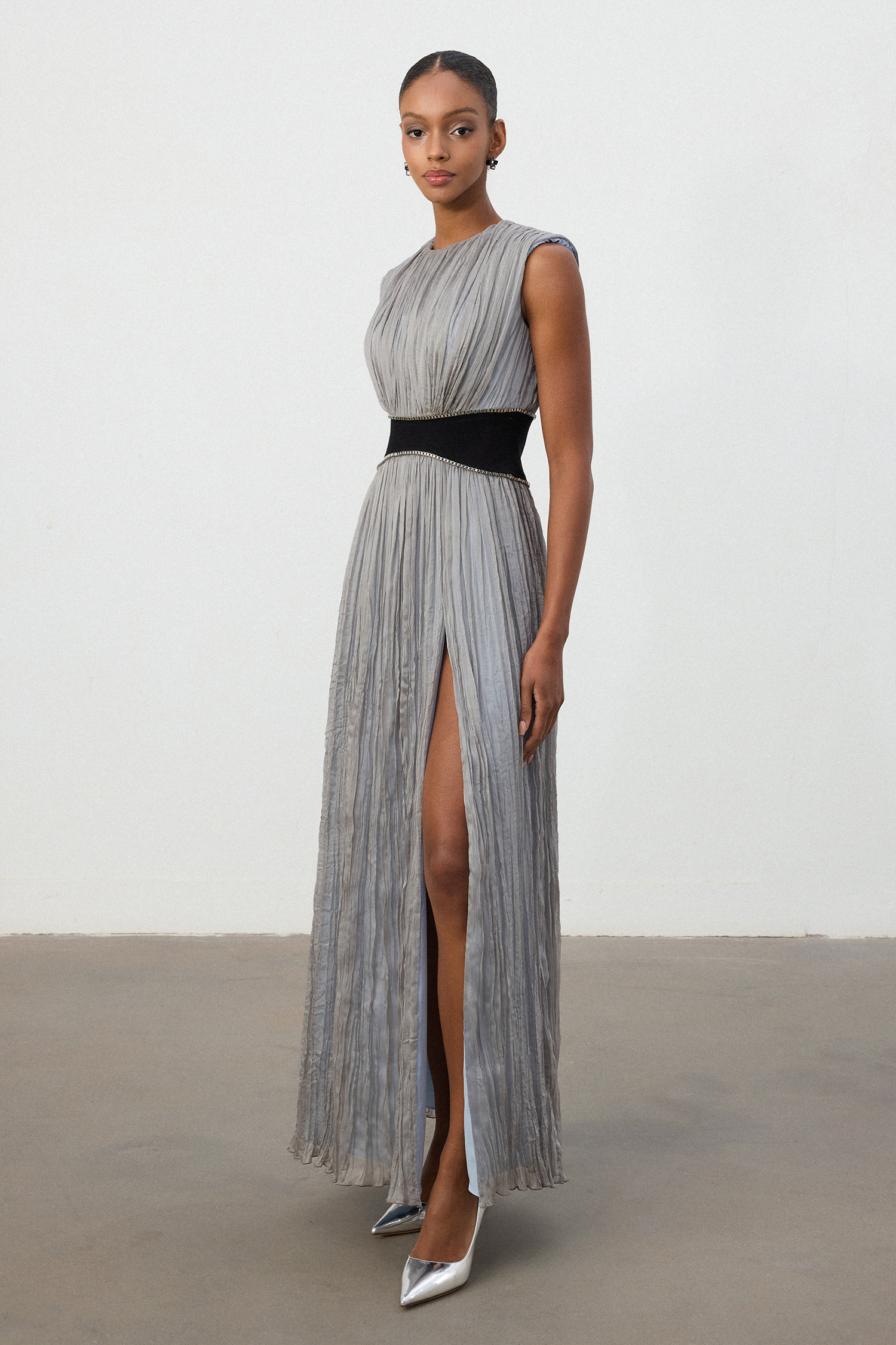 Silver Pleated Contrast Waist Maxi Dress