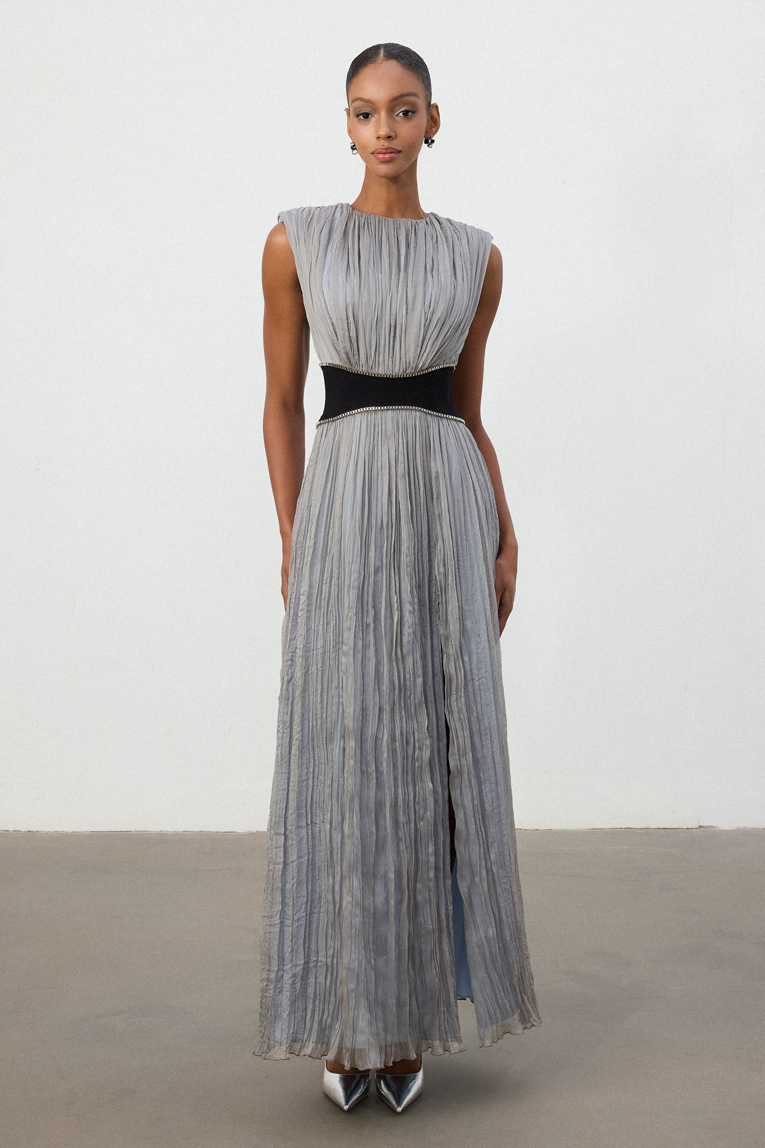 Silver Pleated Contrast Waist Maxi Dress