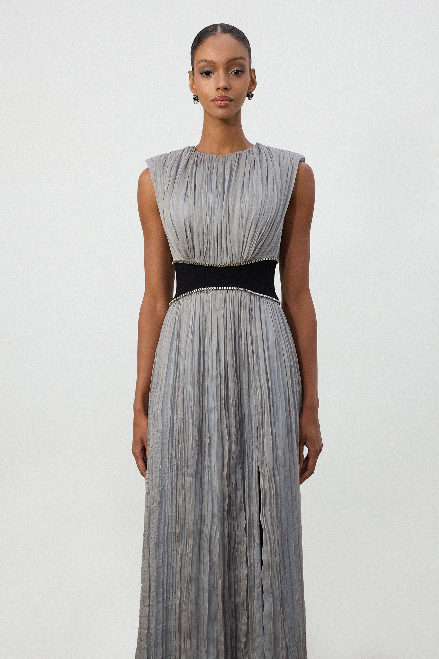 Silver Pleated Contrast Waist Maxi Dress