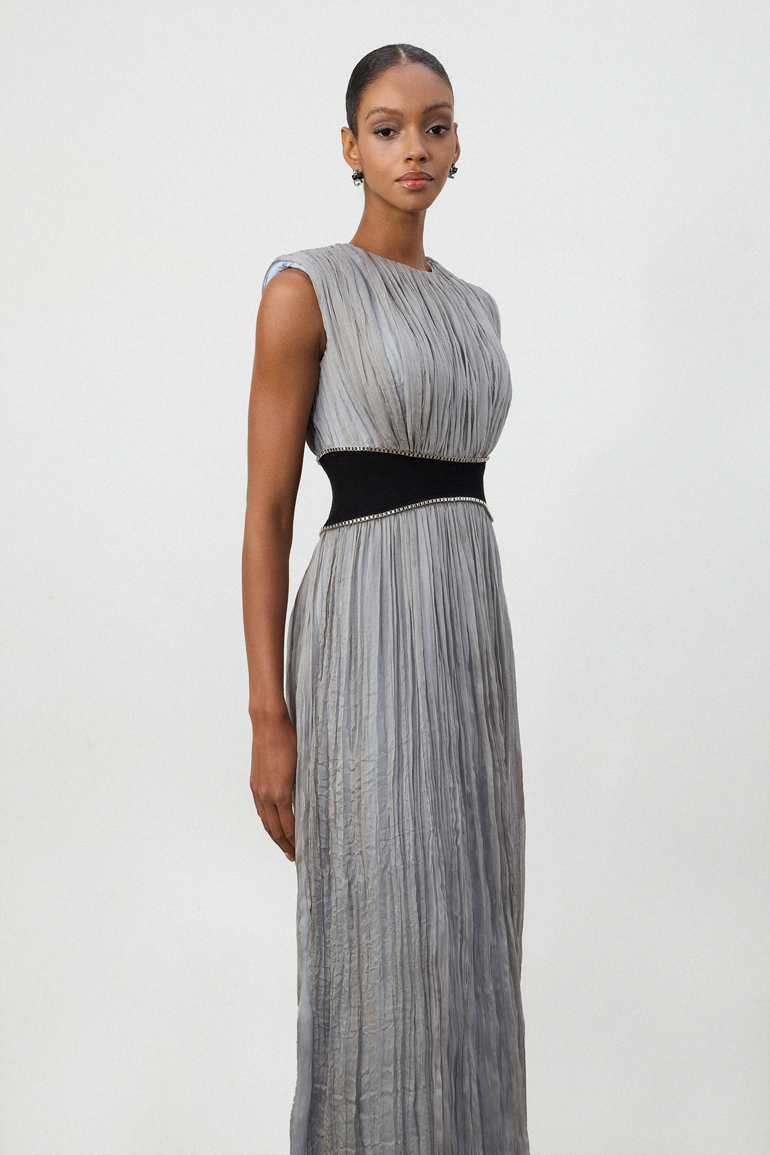 Silver Pleated Contrast Waist Maxi Dress