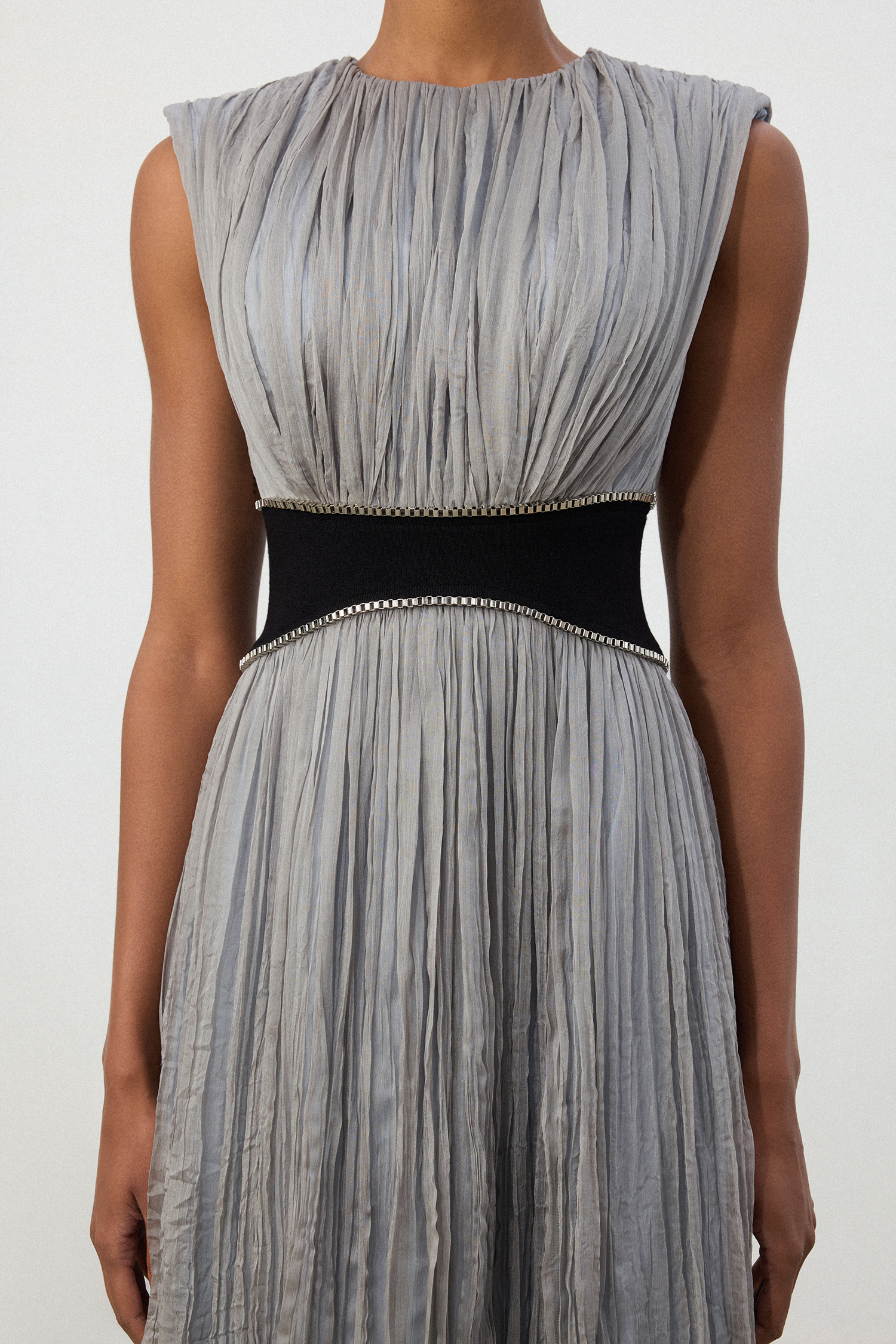 Silver Pleated Contrast Waist Maxi Dress