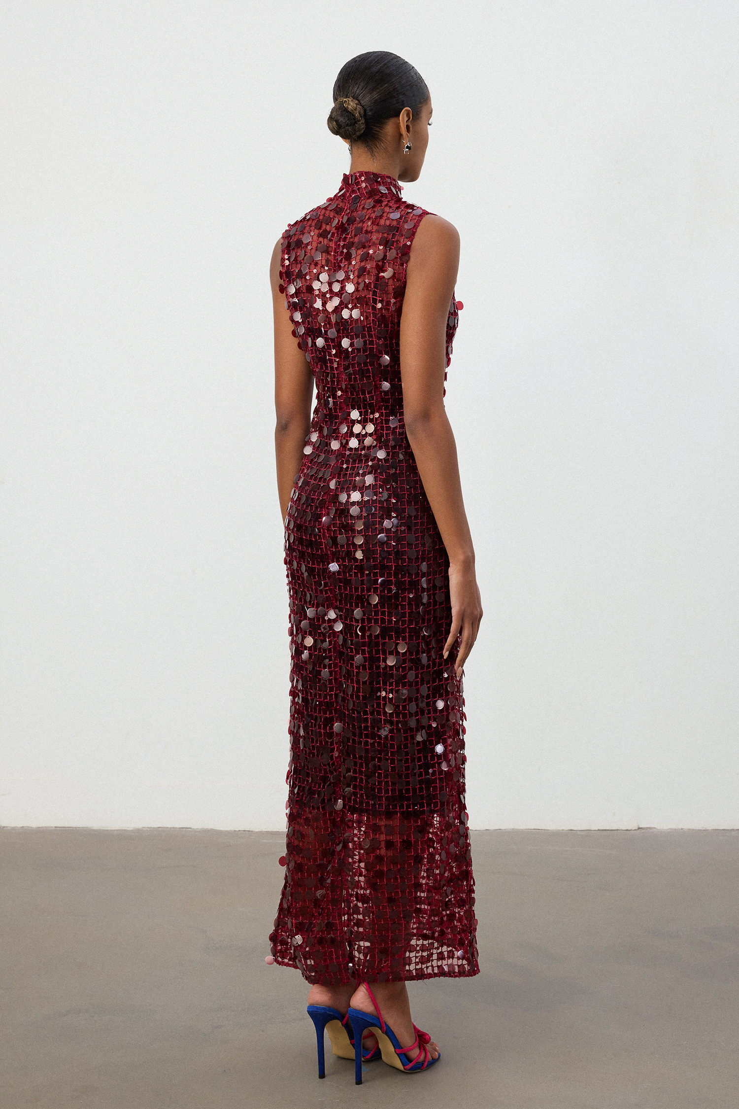 Burgundy Sequin High Neck Maxi Dress