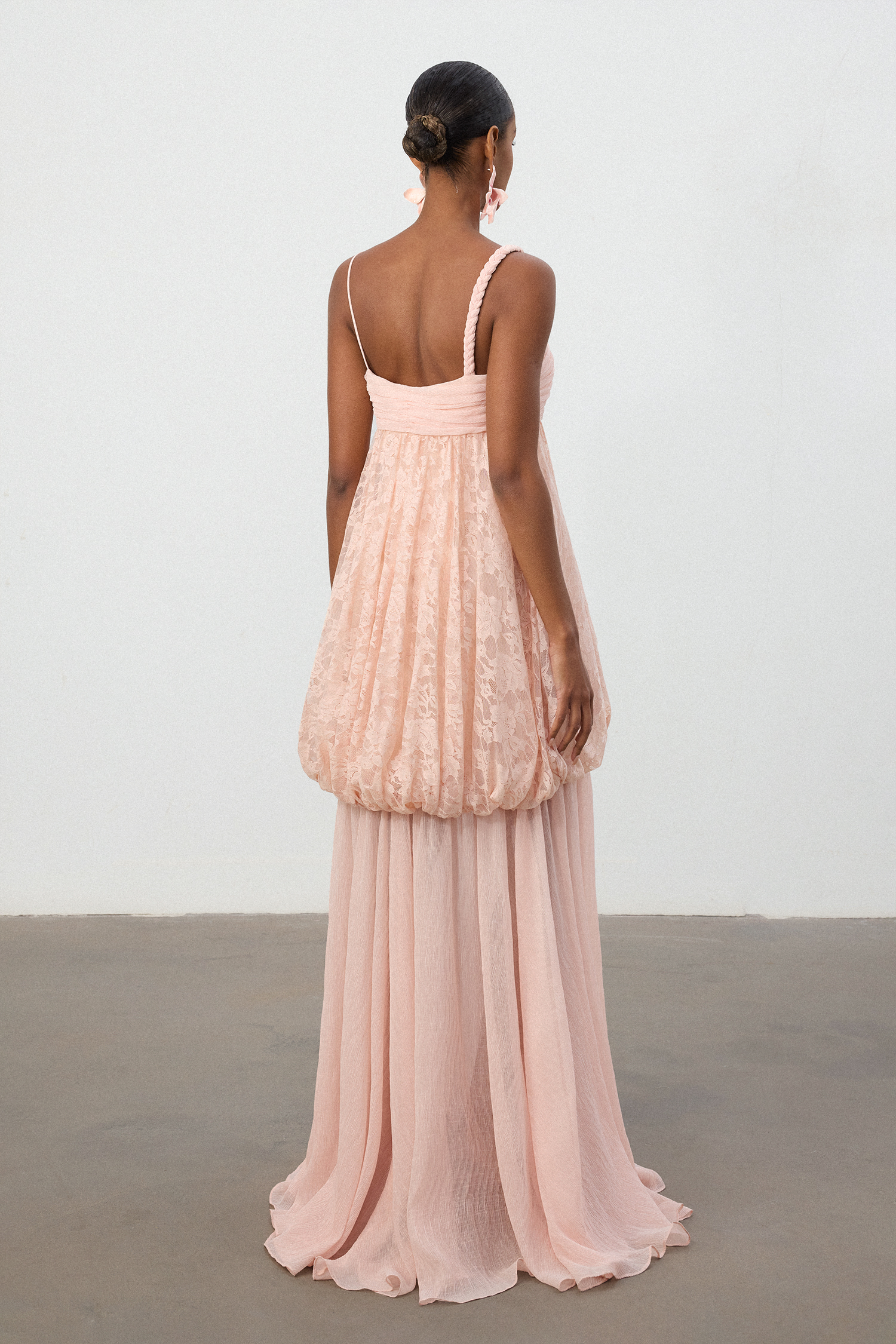 Blush Pink Lace Appliqué Chiffon Maxi Dress