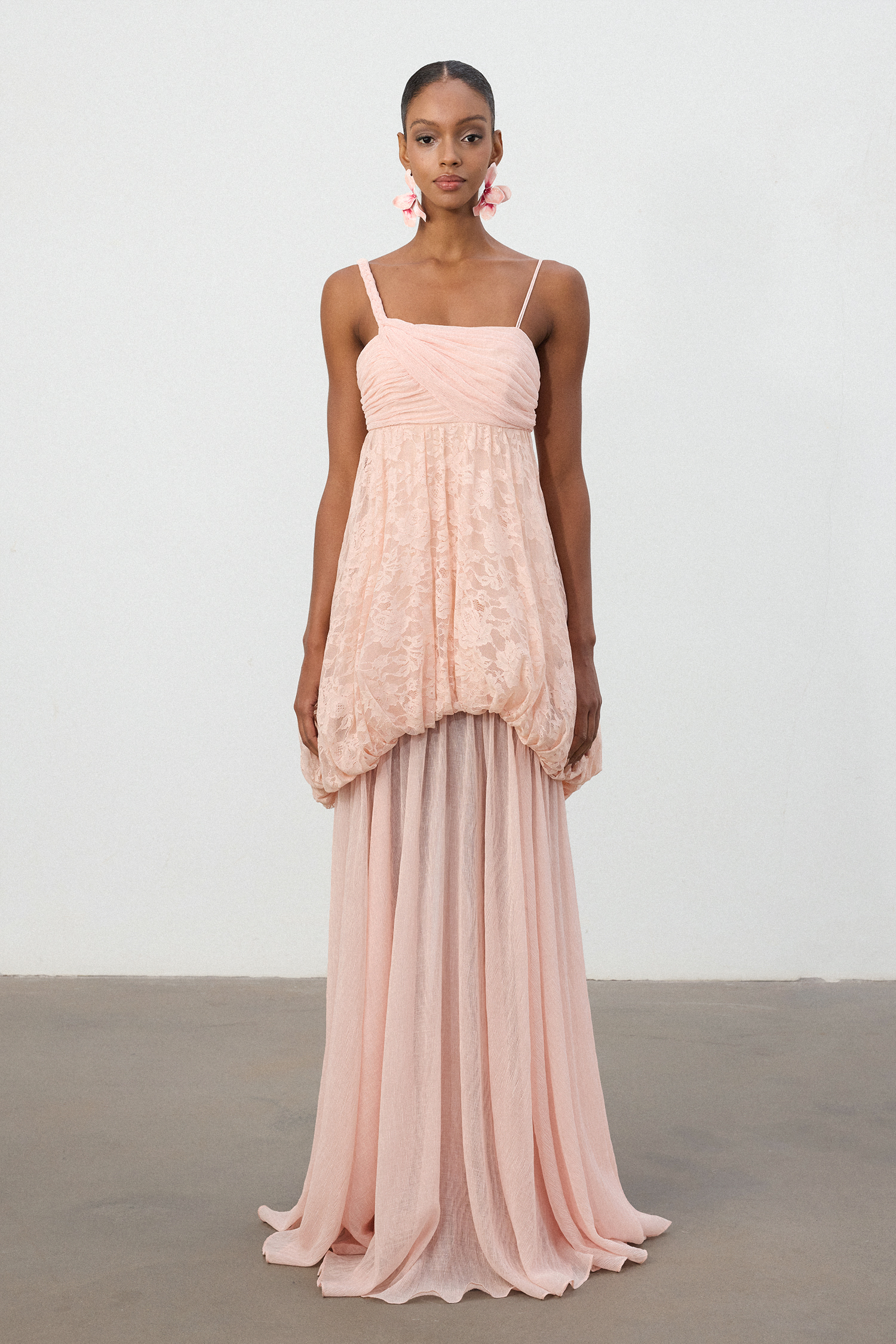 Blush Pink Lace Appliqué Chiffon Maxi Dress