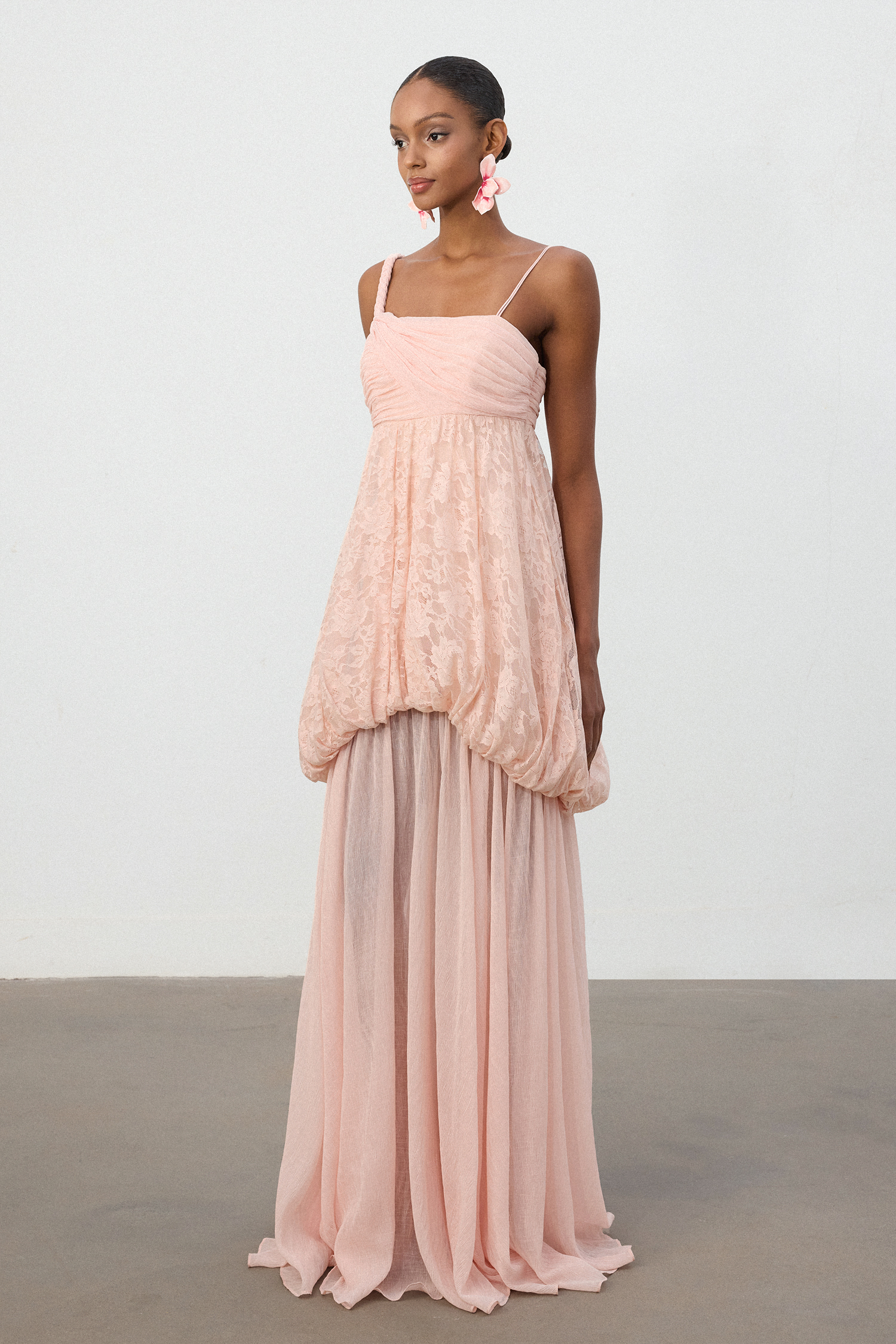 Blush Pink Lace Appliqué Chiffon Maxi Dress