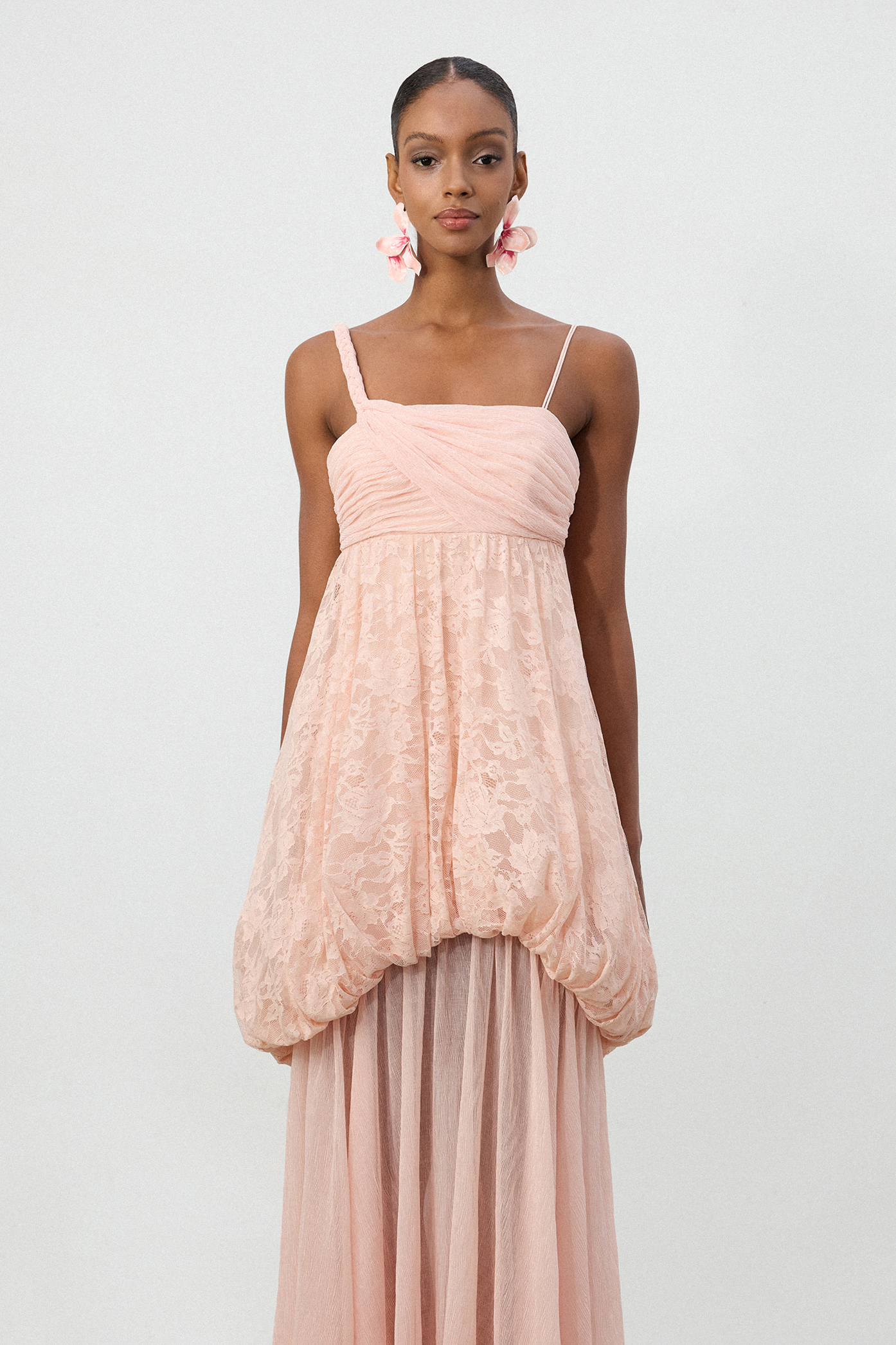 Blush Pink Lace Appliqué Chiffon Maxi Dress
