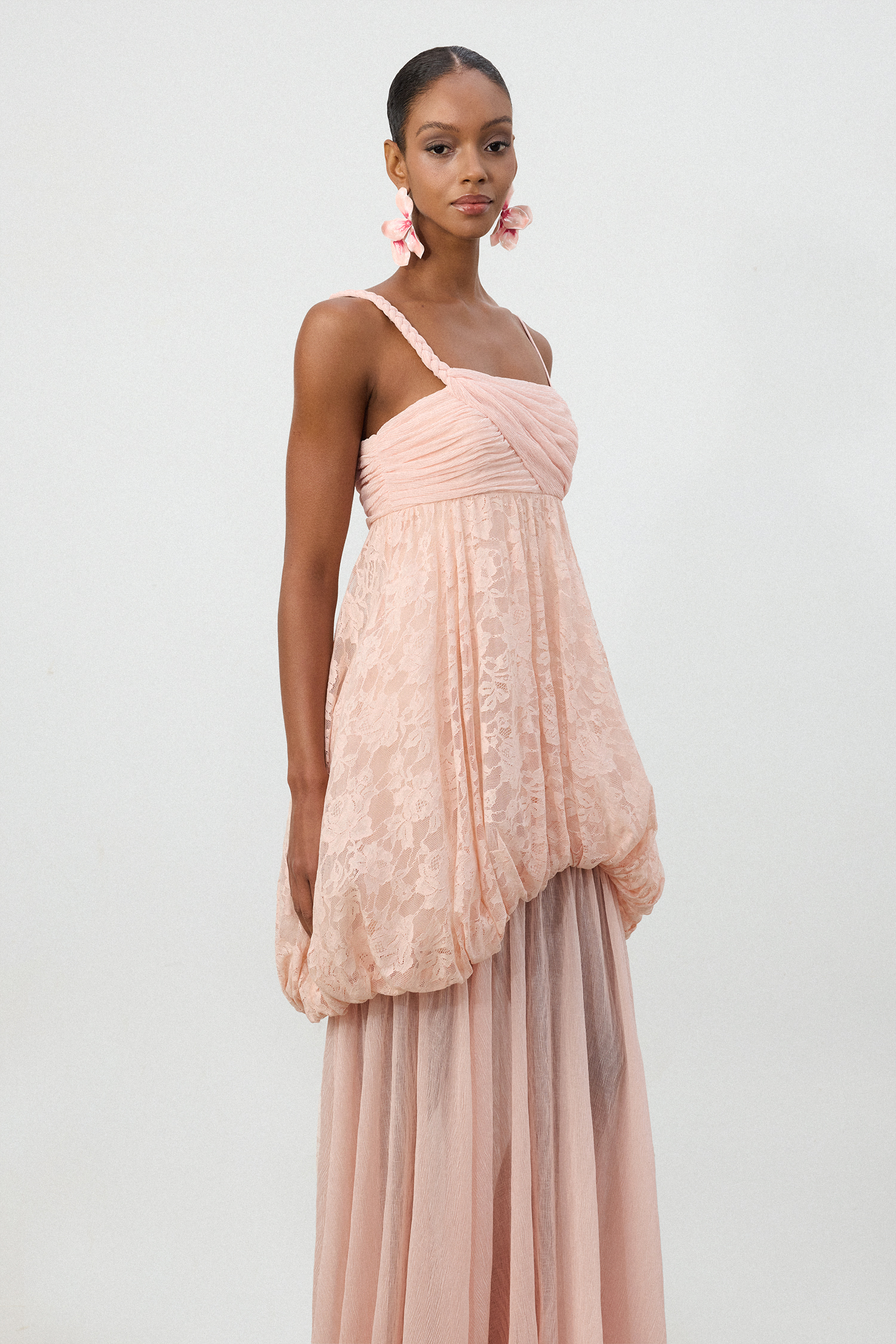 Blush Pink Lace Appliqué Chiffon Maxi Dress