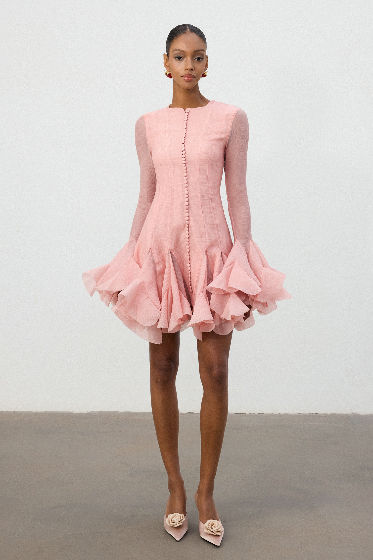 Blush Pink Ruffle Hem Semi-Sheer Mini Dress