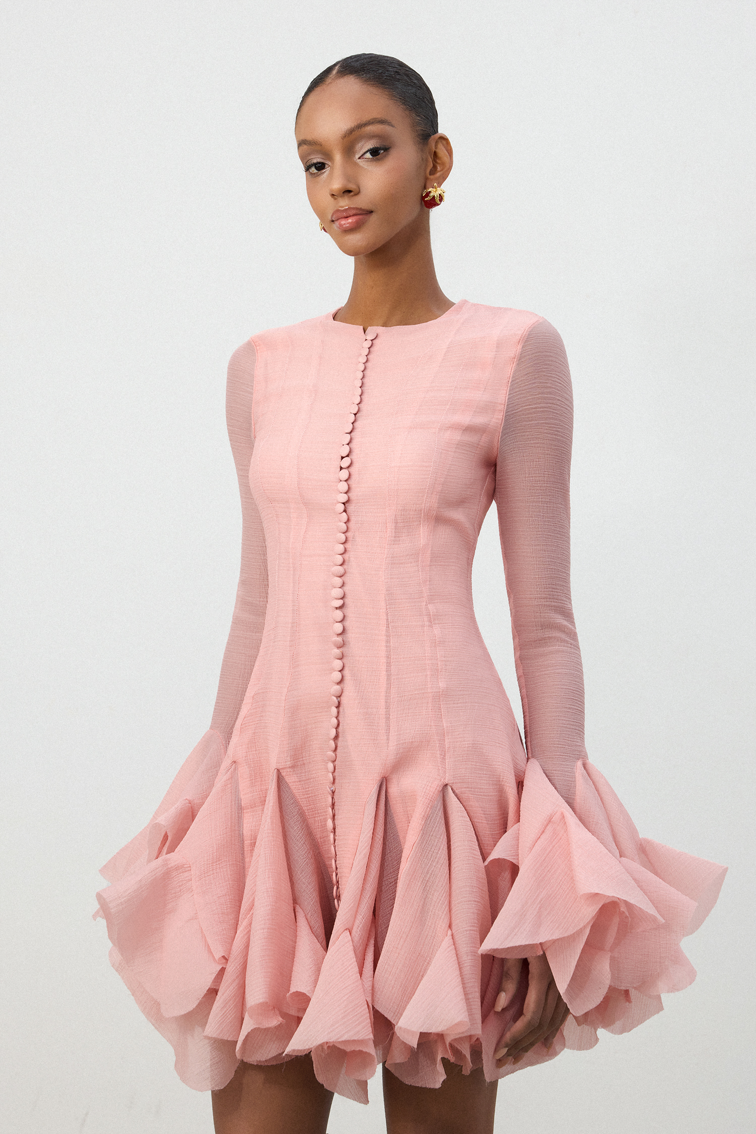 Blush Pink Ruffle Hem Semi-Sheer Mini Dress