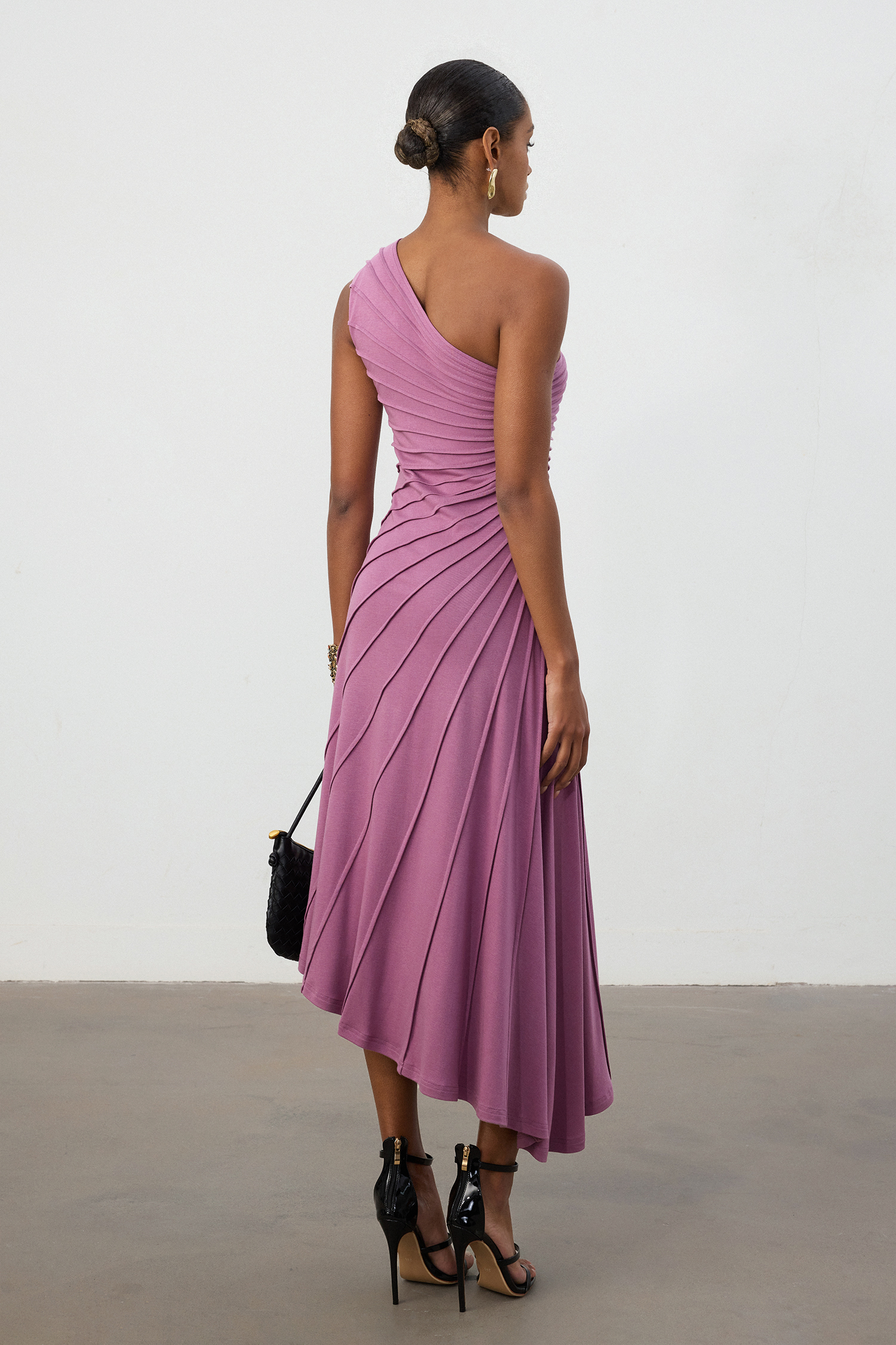 Magenta One-Shoulder Pleated Midi Dress