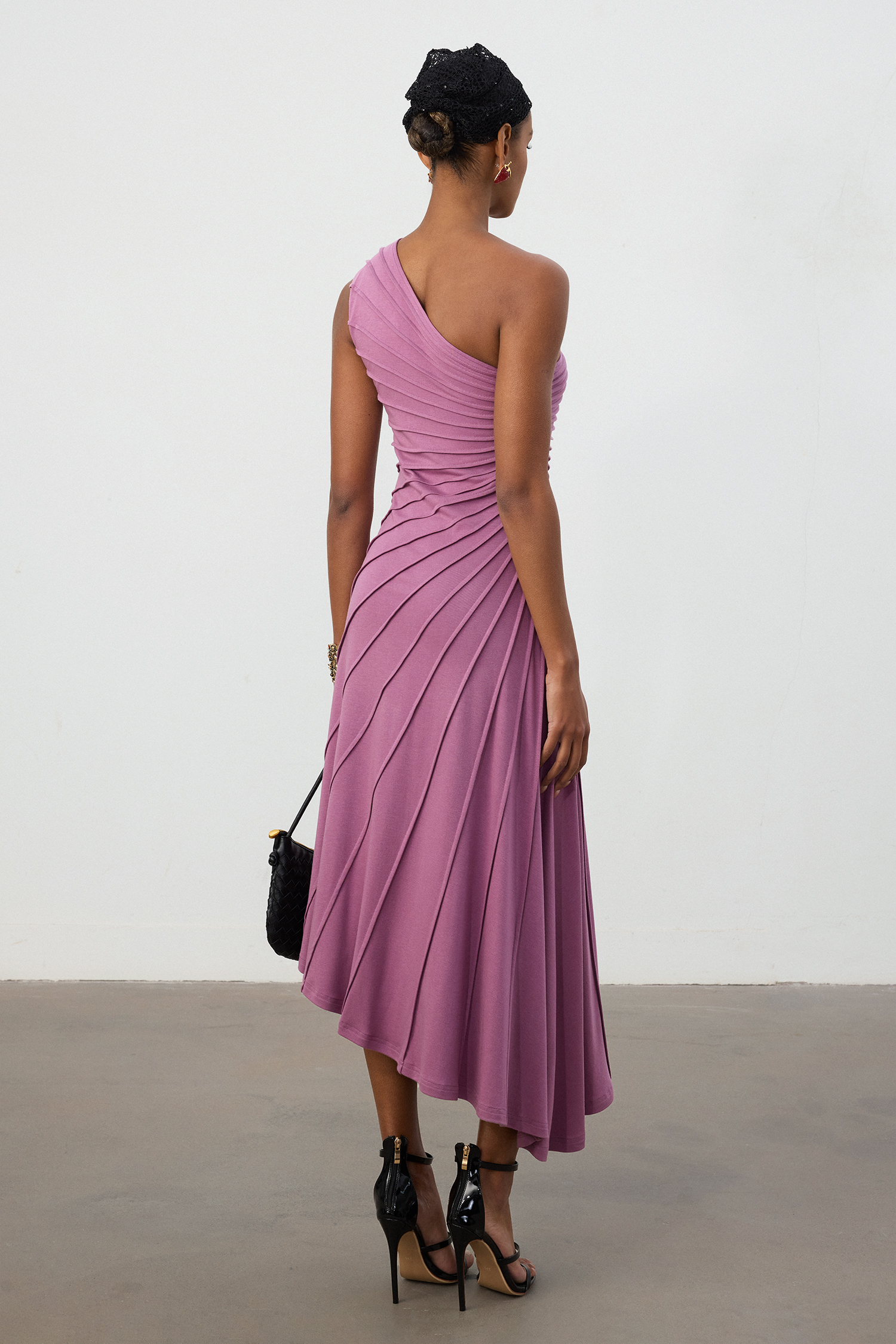 Magenta One-Shoulder Pleated Midi Dress