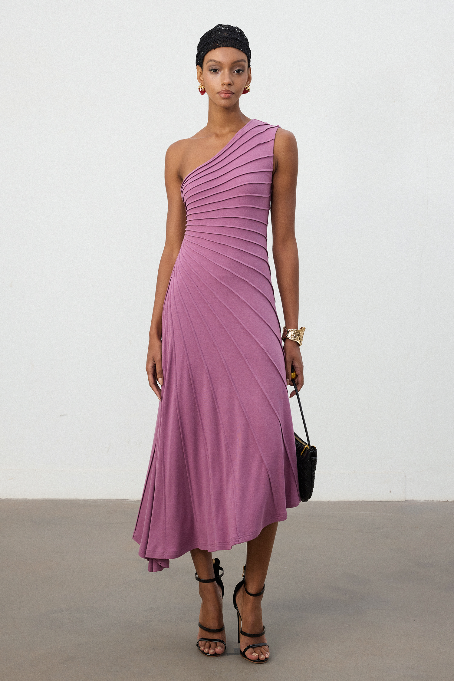 Magenta One-Shoulder Pleated Midi Dress