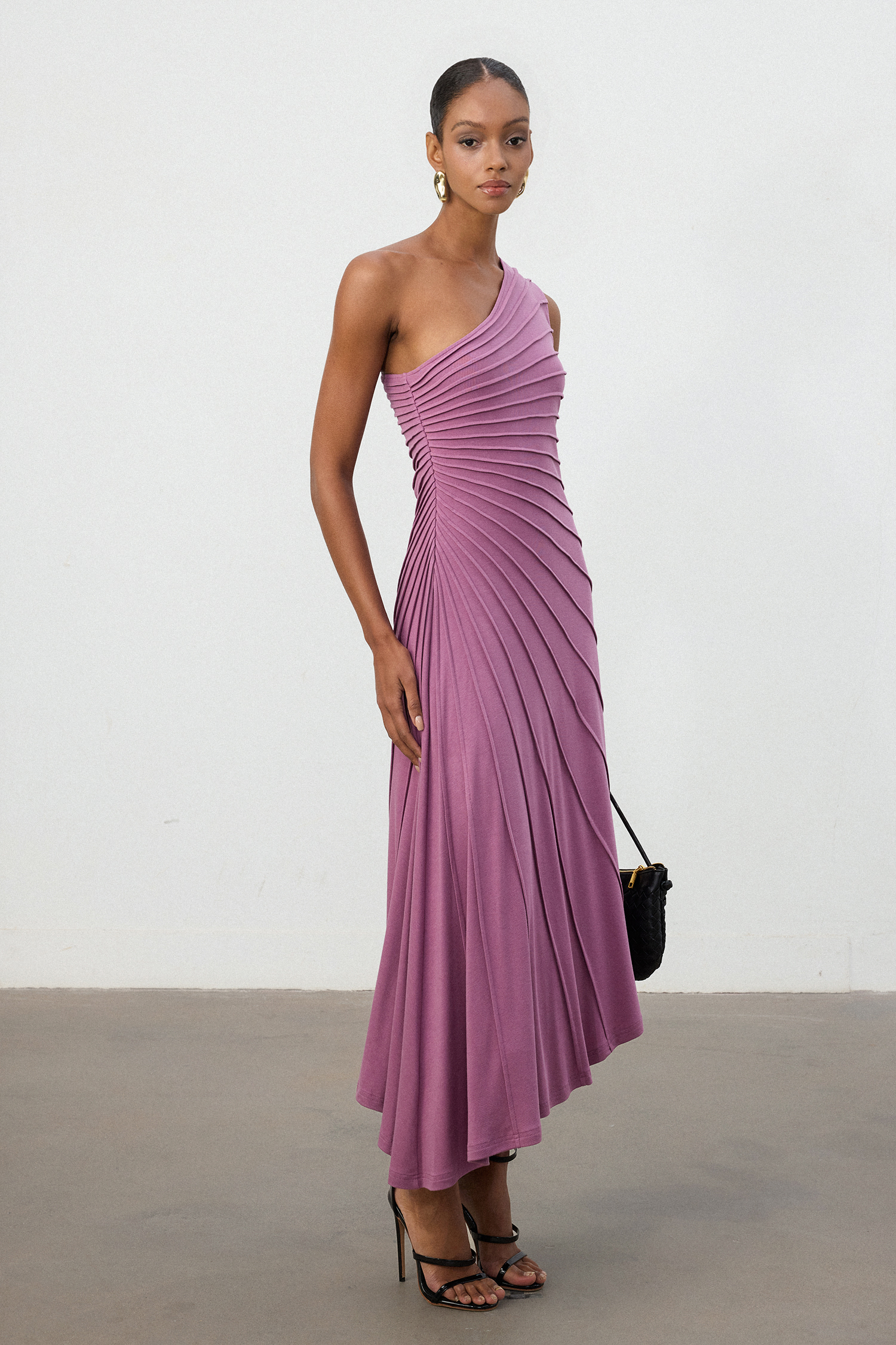Magenta One-Shoulder Pleated Midi Dress