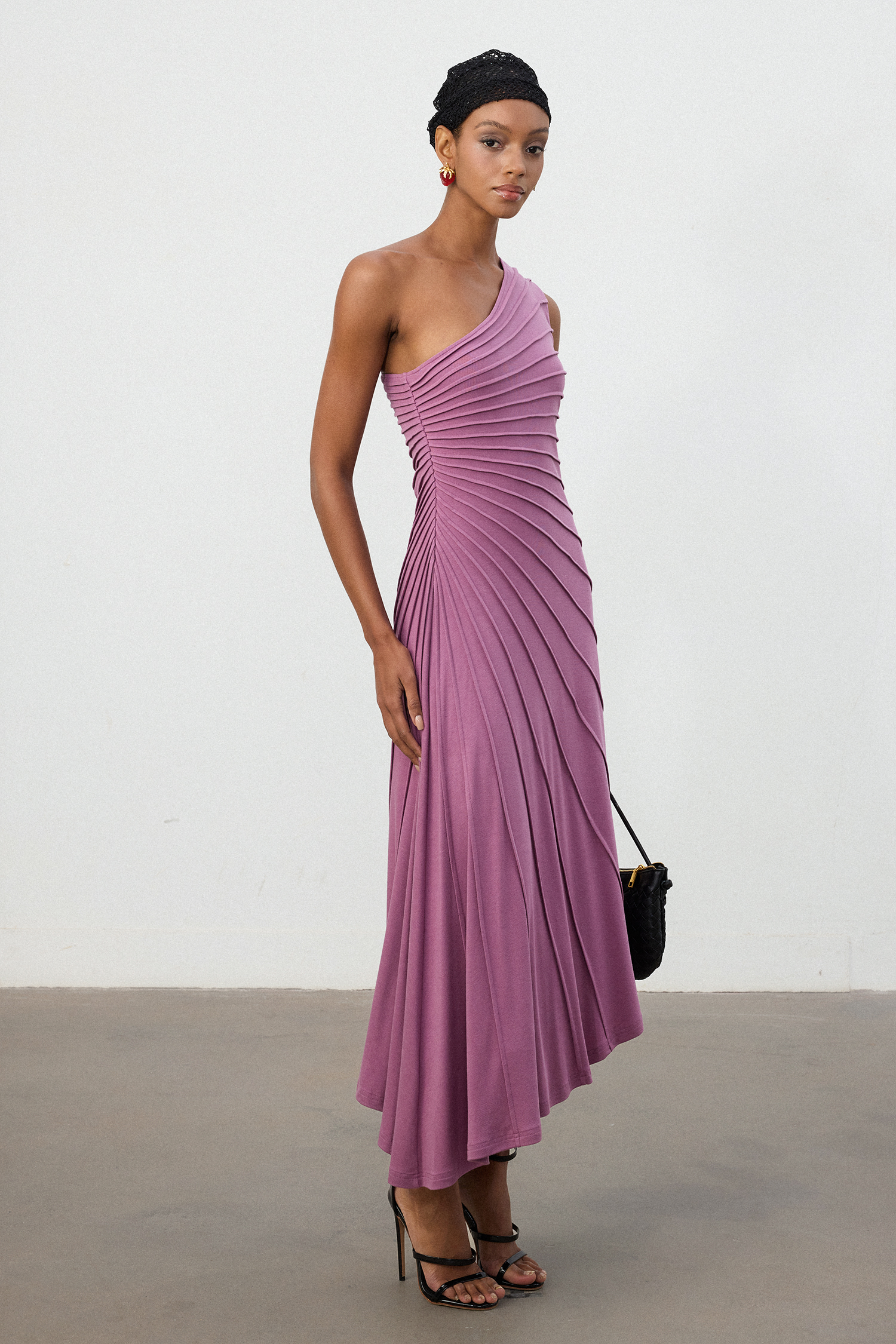 Magenta One-Shoulder Pleated Midi Dress