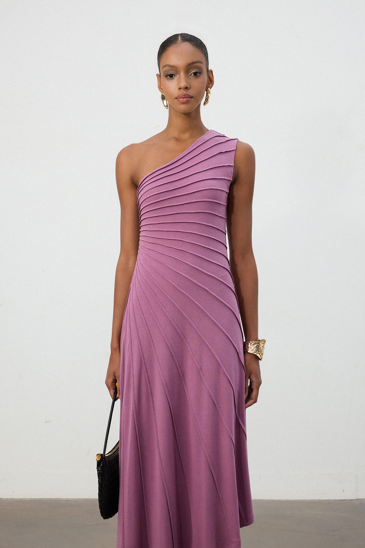 Magenta One-Shoulder Pleated Midi Dress