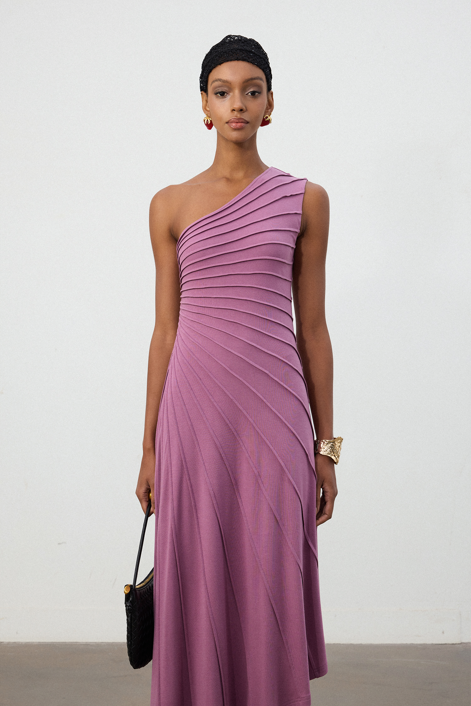 Magenta One-Shoulder Pleated Midi Dress