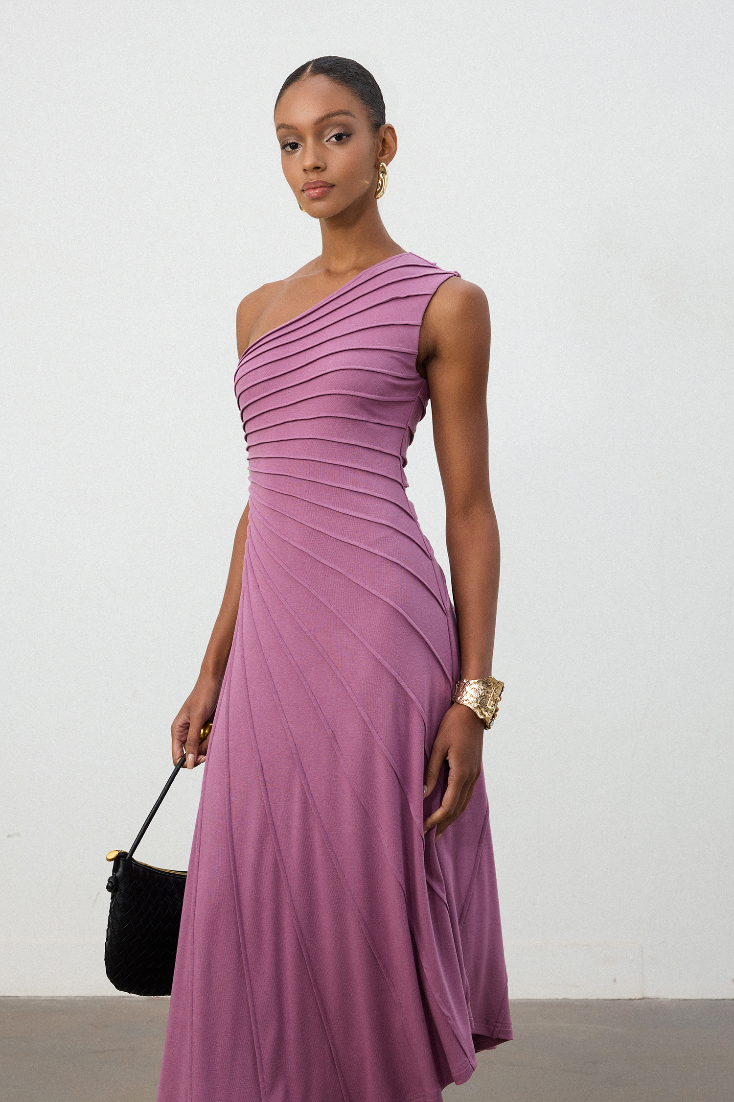 Magenta One-Shoulder Pleated Midi Dress