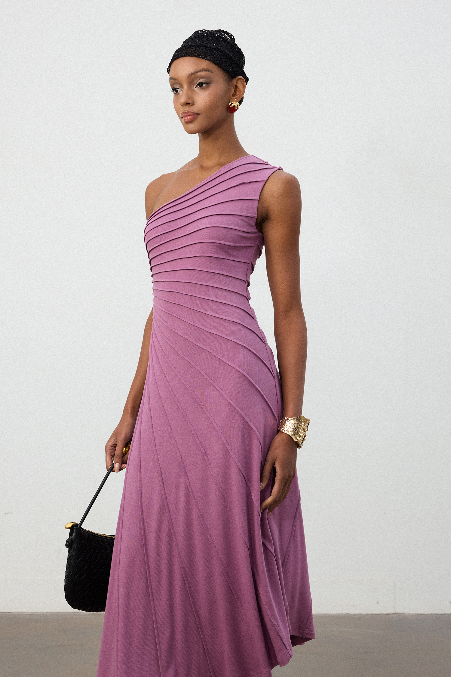 Magenta One-Shoulder Pleated Midi Dress