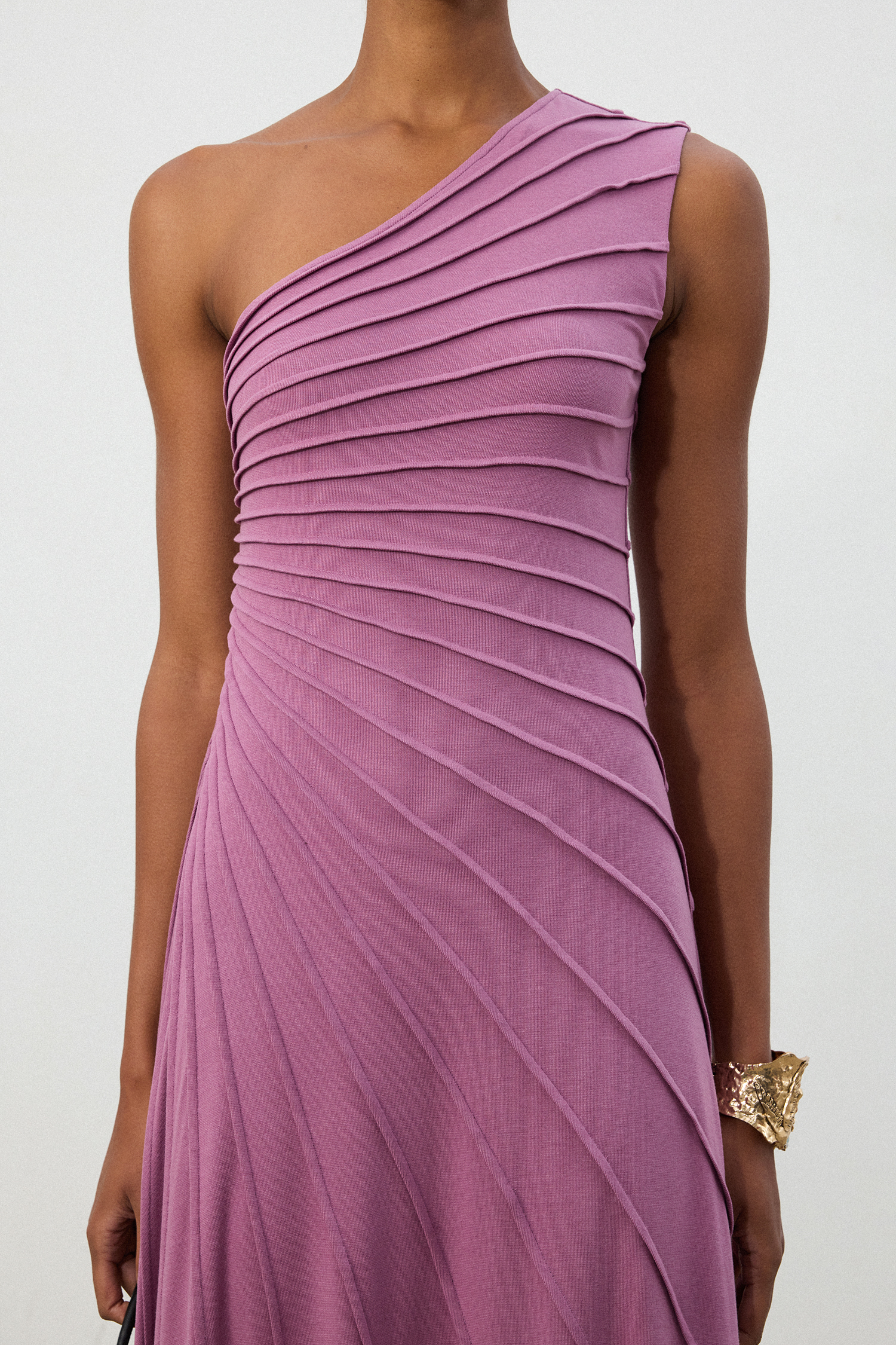 Magenta One-Shoulder Pleated Midi Dress