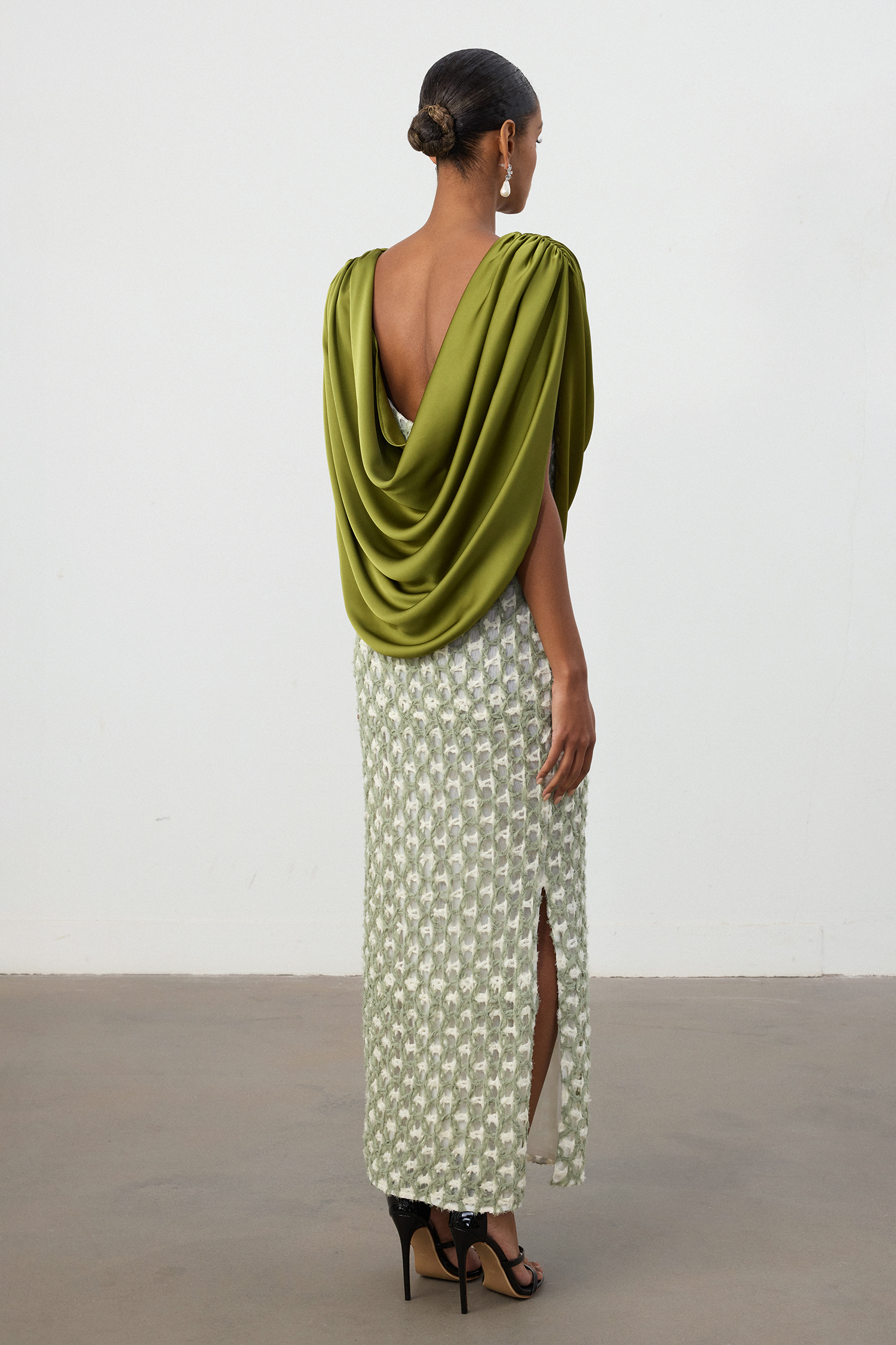 Olive Green Drape Top Printed Column Skirt Set