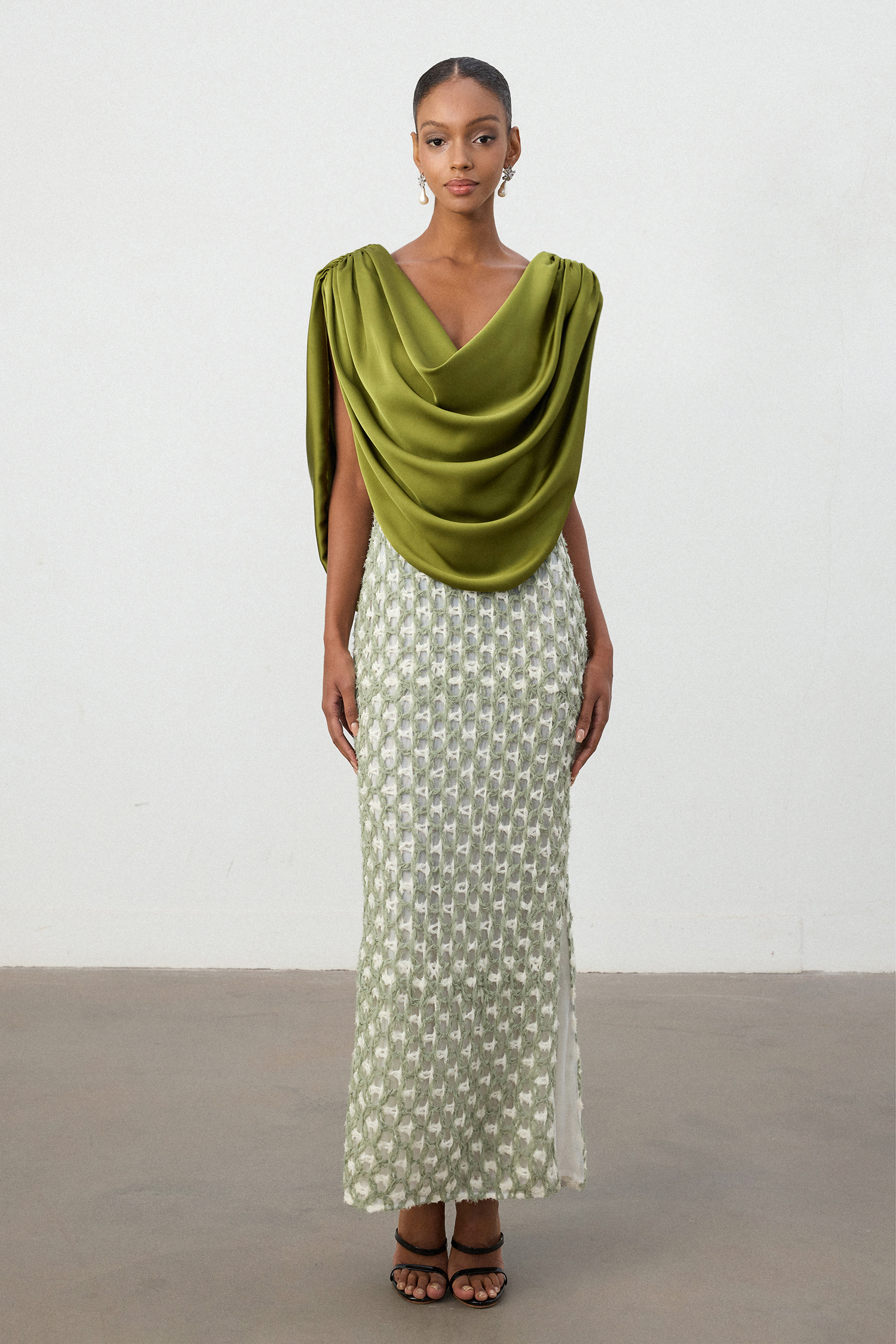 Olive Green Drape Top Printed Column Skirt Set