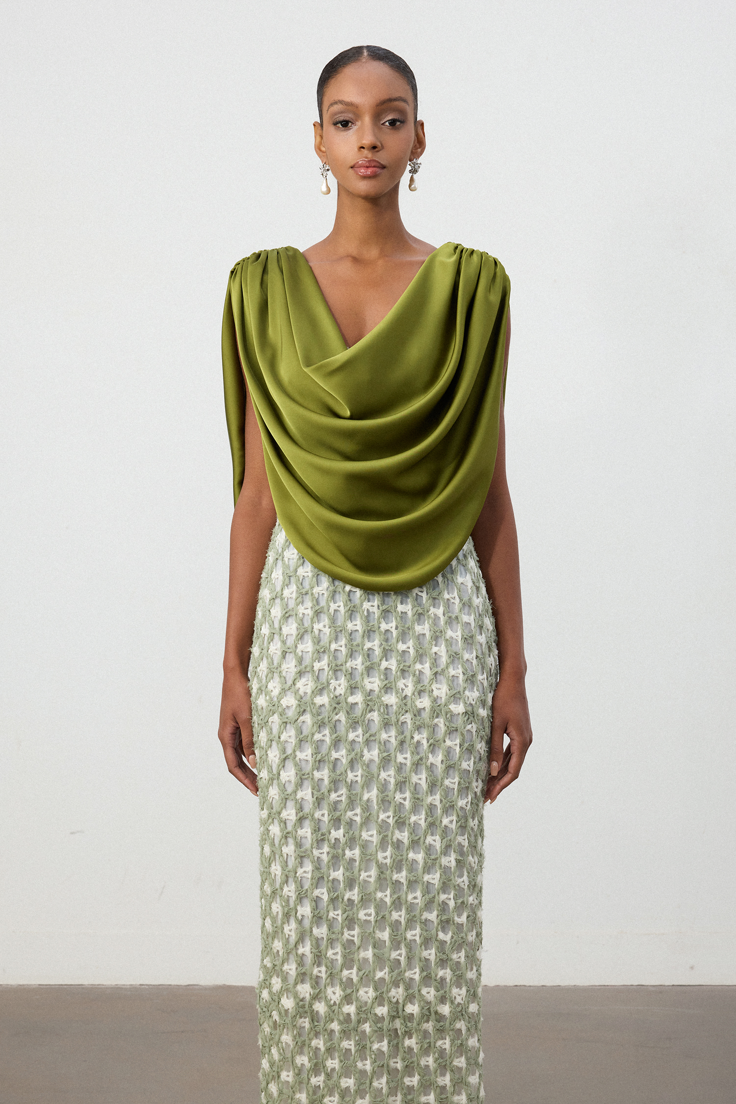 Olive Green Drape Top Printed Column Skirt Set