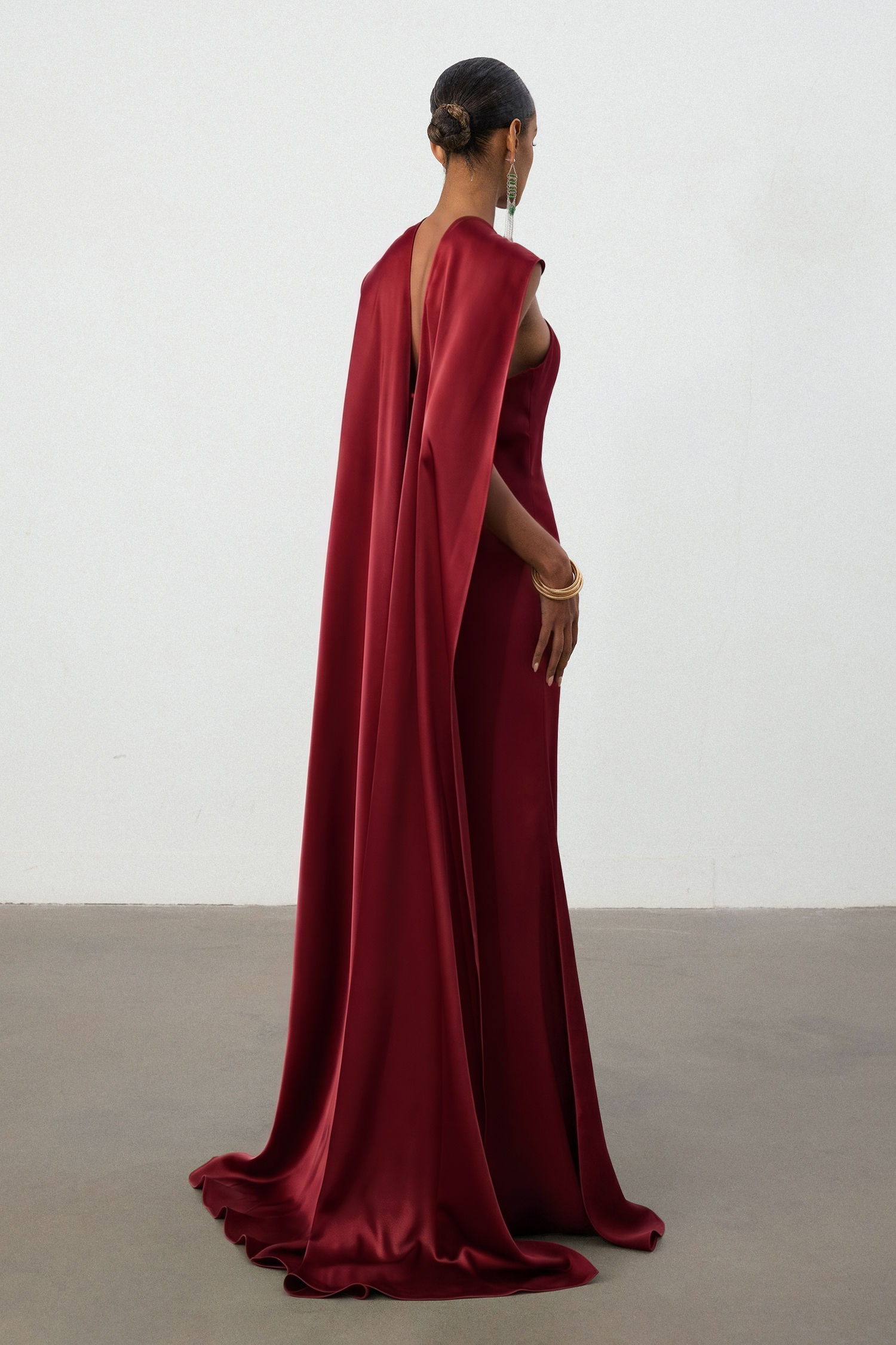 Burgundy Satin Cape Column Red Gown