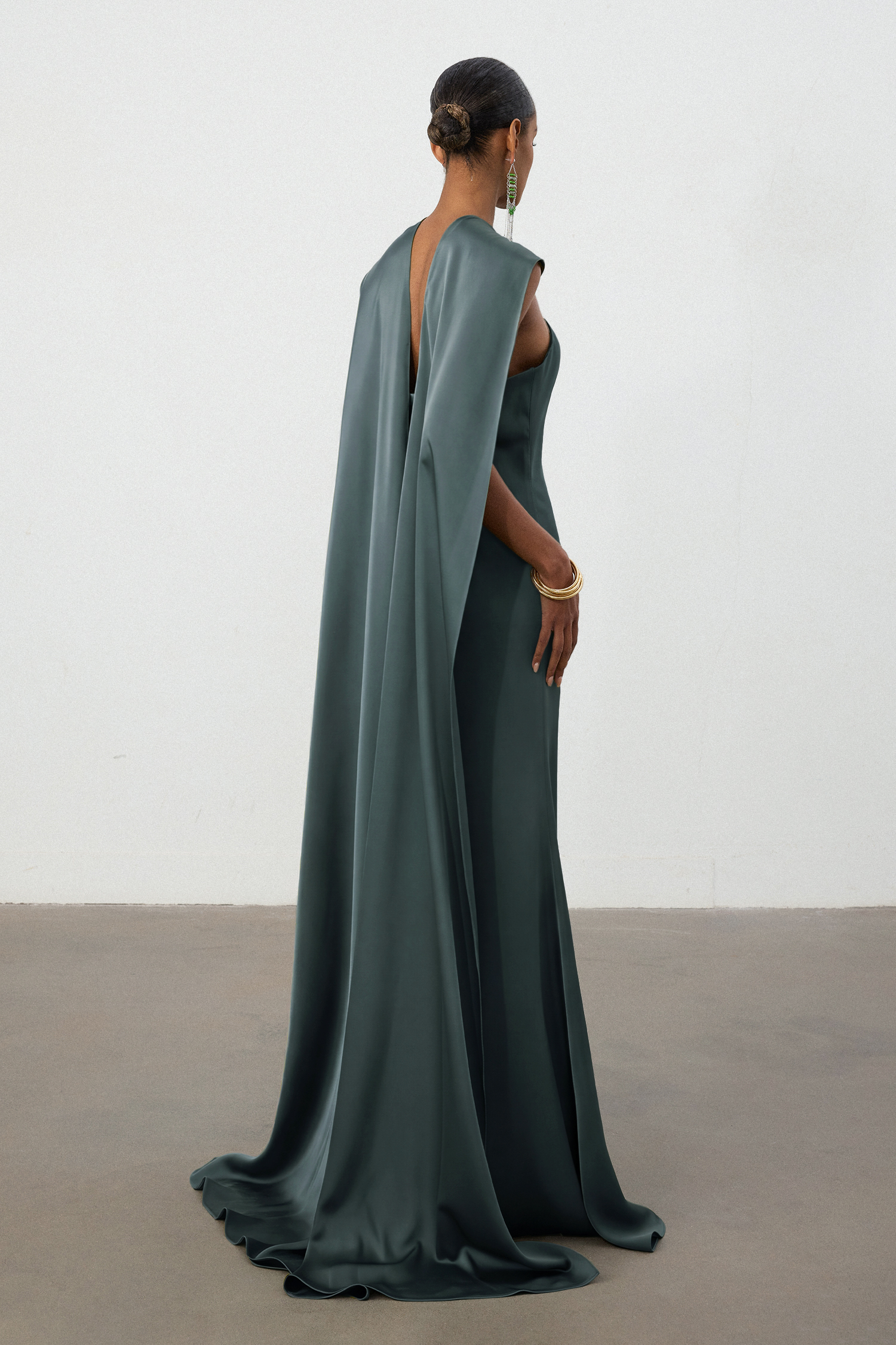 Dusty Pine Satin Cape Column Gown