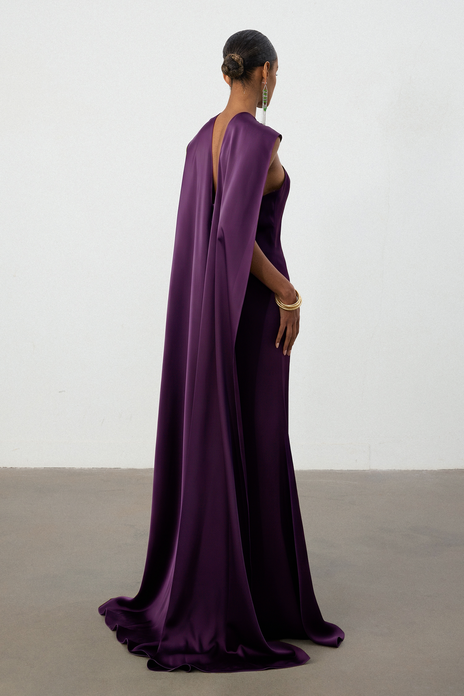 Royal Plum Satin Cape Column Gown