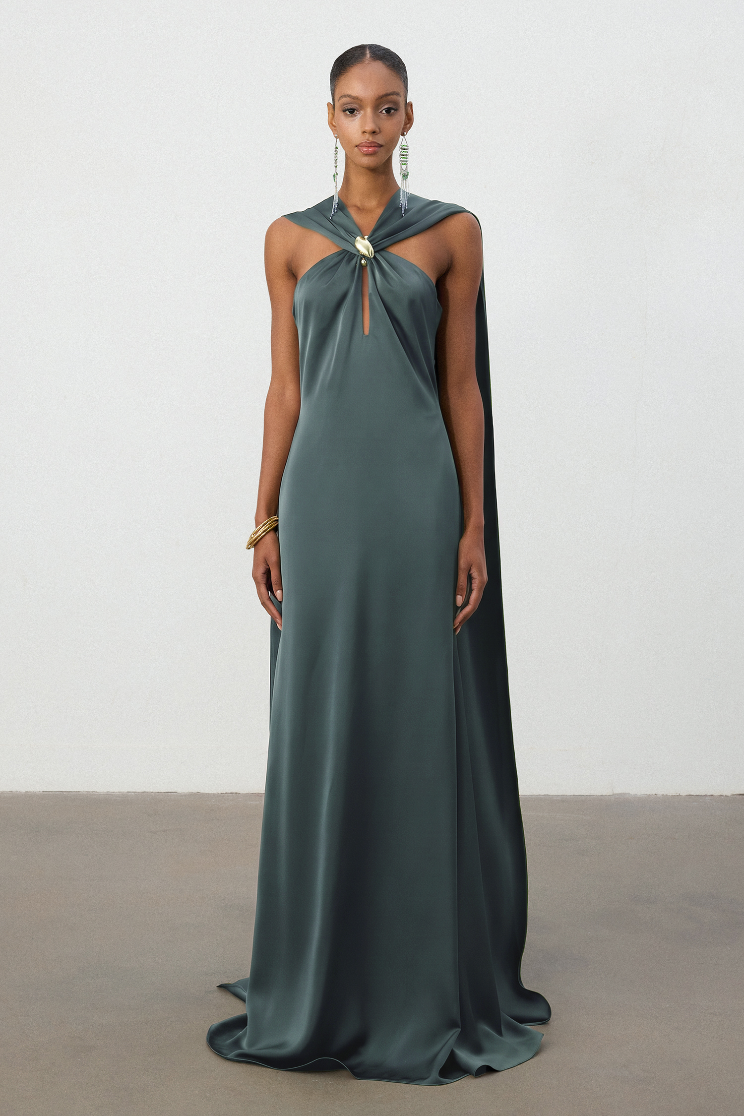 Dusty Pine Satin Cape Column Gown