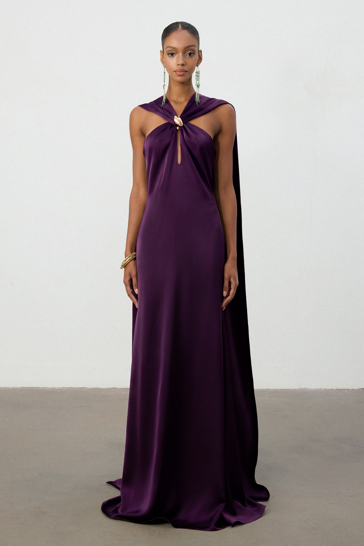 Royal Plum Satin Cape Column Gown