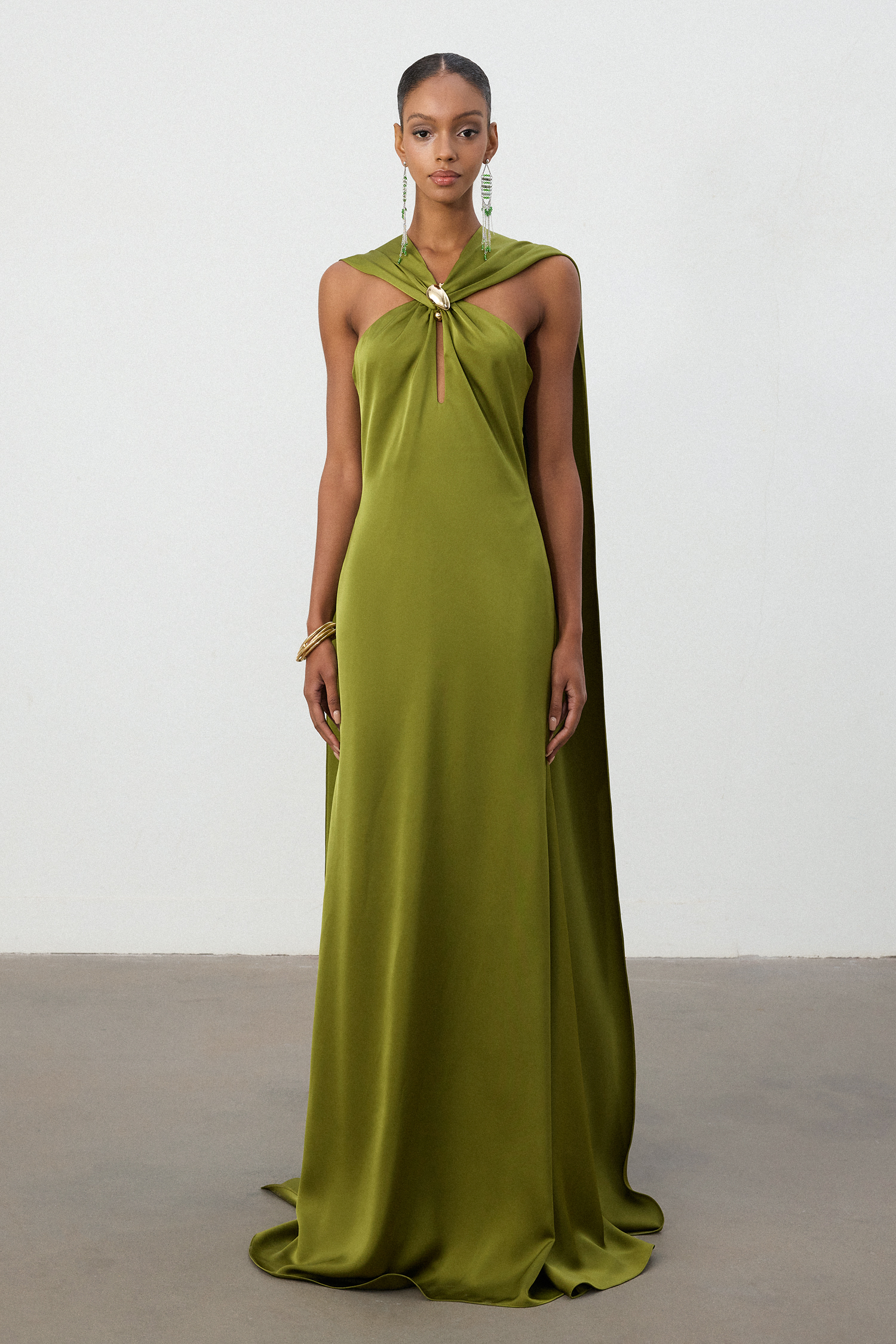 Olive Green Satin Cape Column Gown