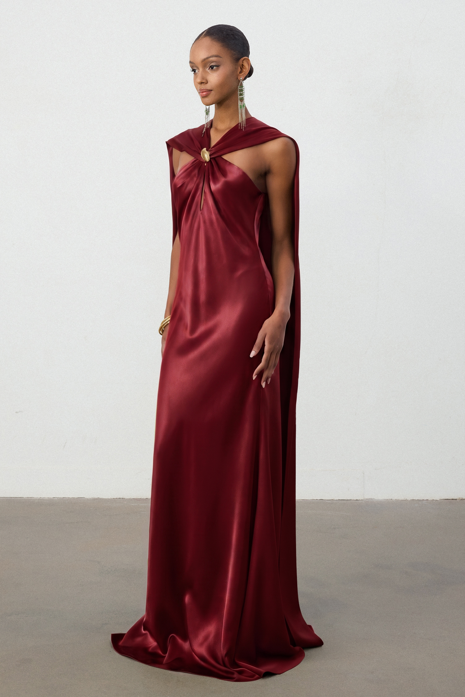 Burgundy Satin Cape Column Red Gown