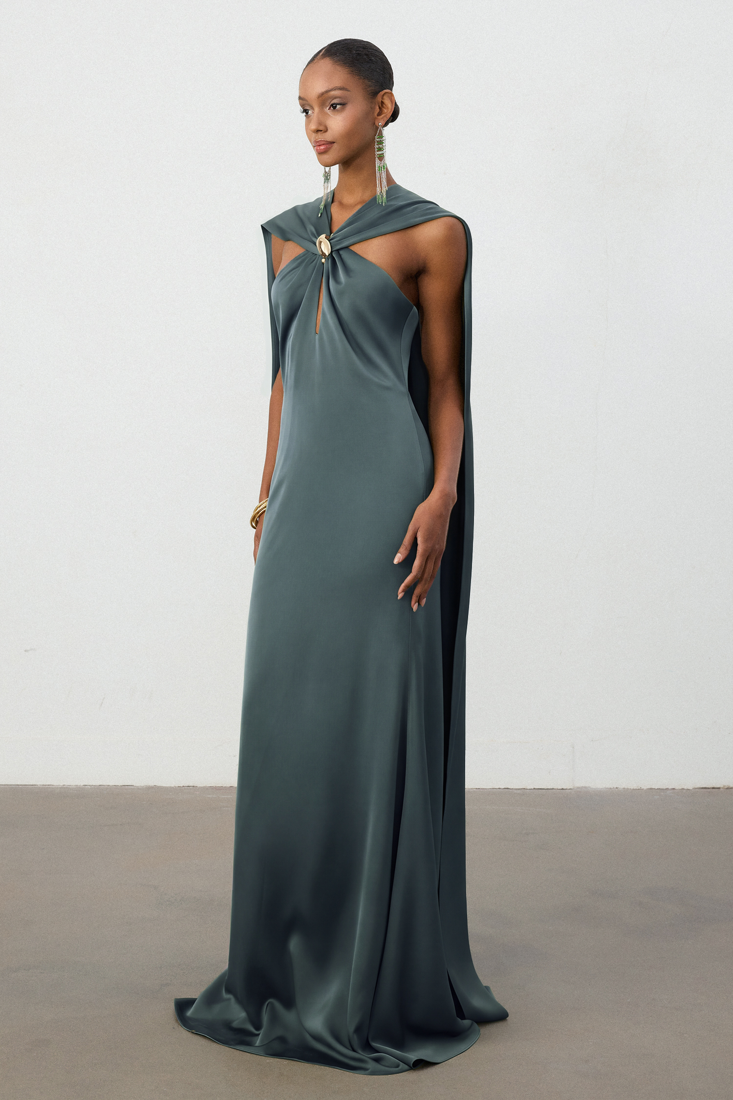 Dusty Pine Satin Cape Column Gown