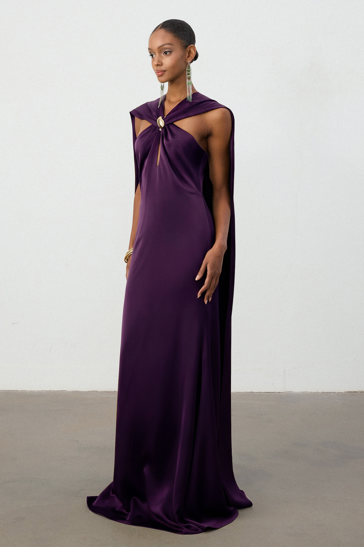Royal Plum Satin Cape Column Gown