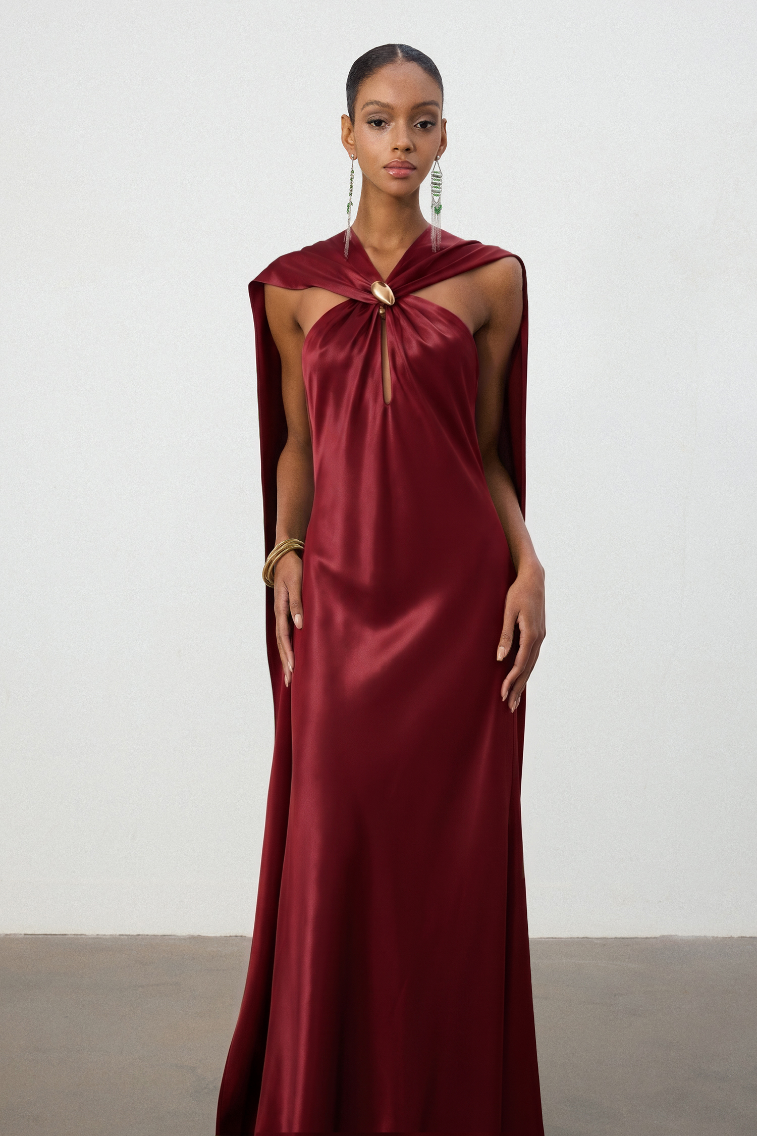 Burgundy Satin Cape Column Red Gown