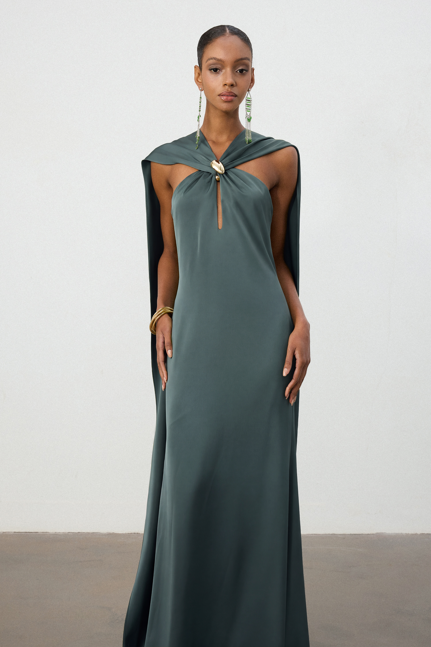 Dusty Pine Satin Cape Column Gown