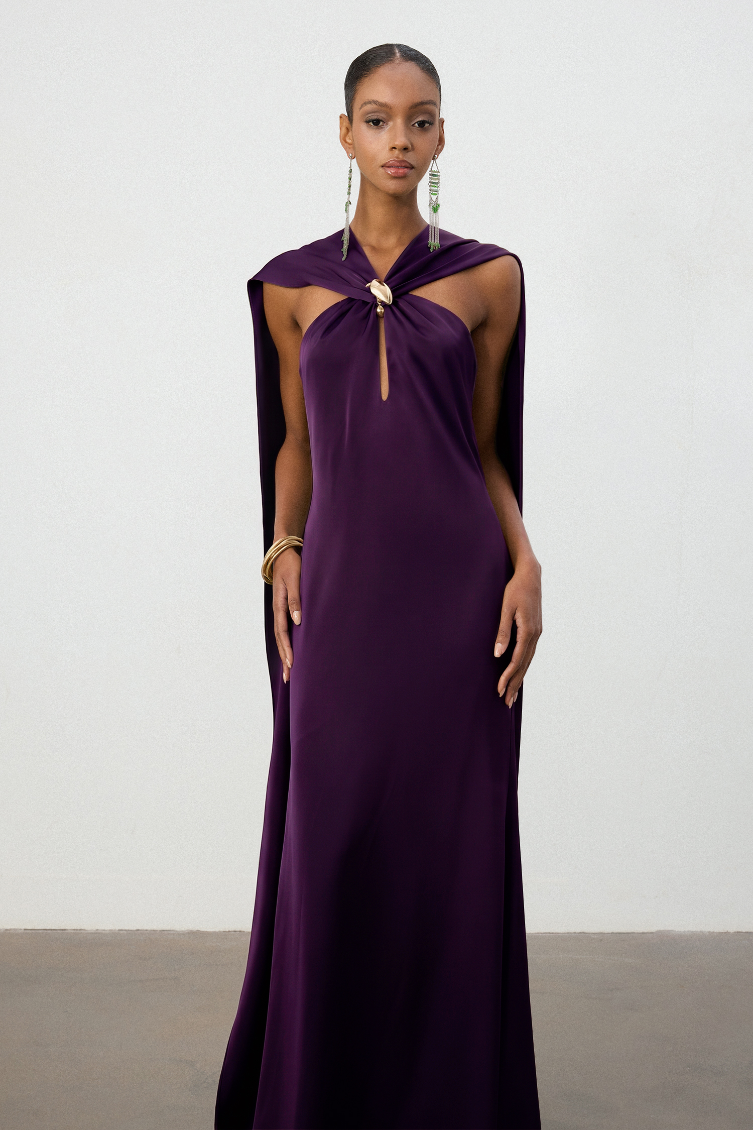 Royal Plum Satin Cape Column Gown
