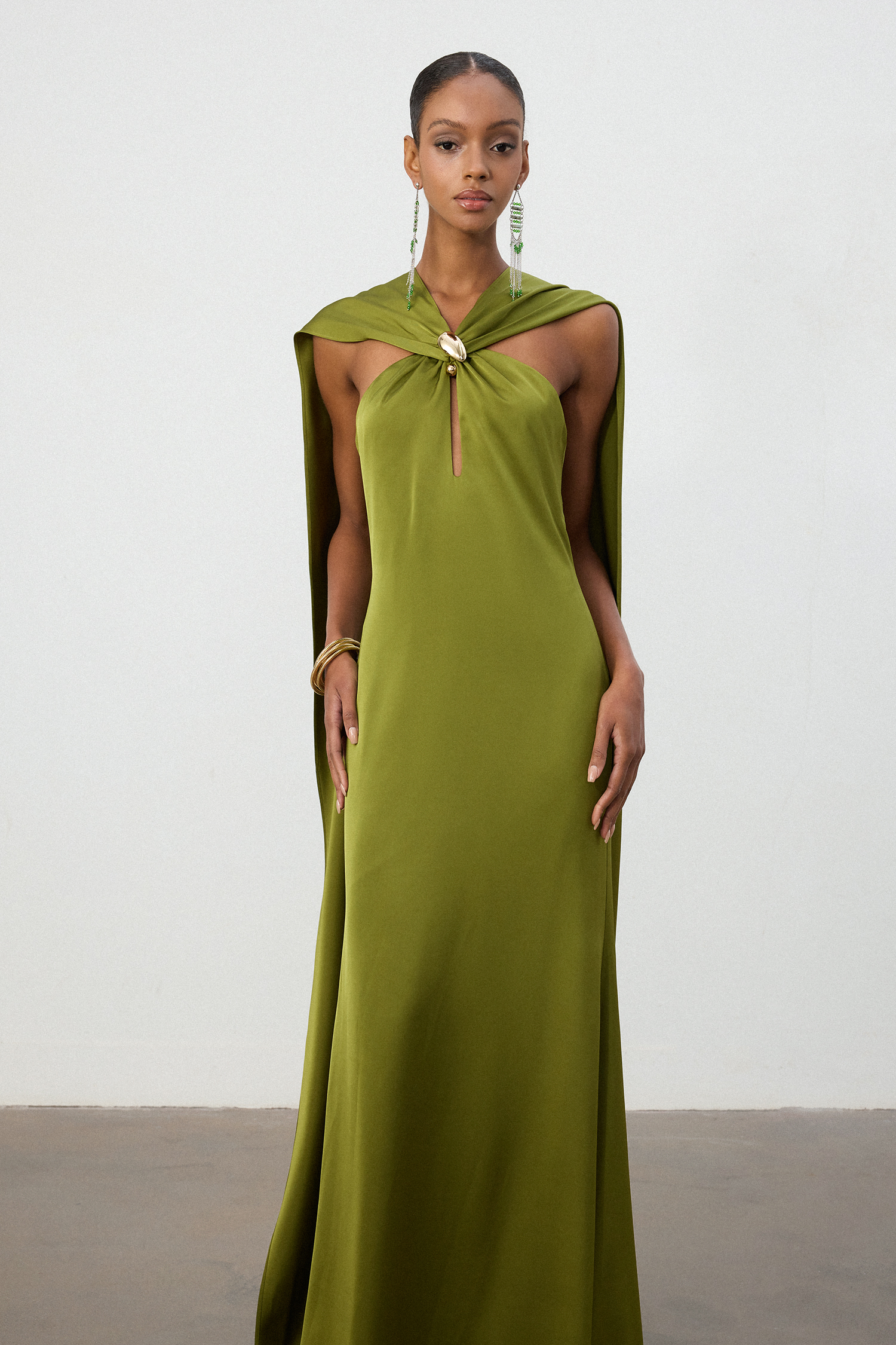 Olive Green Satin Cape Column Gown