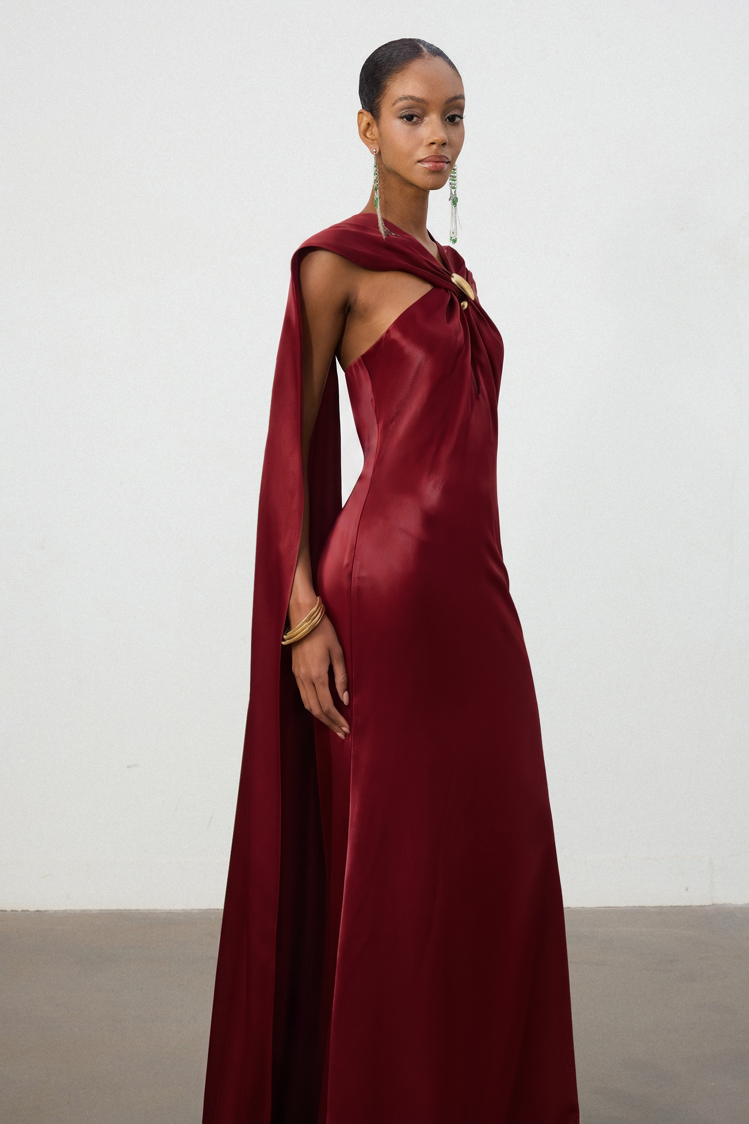 Burgundy Satin Cape Column Red Gown