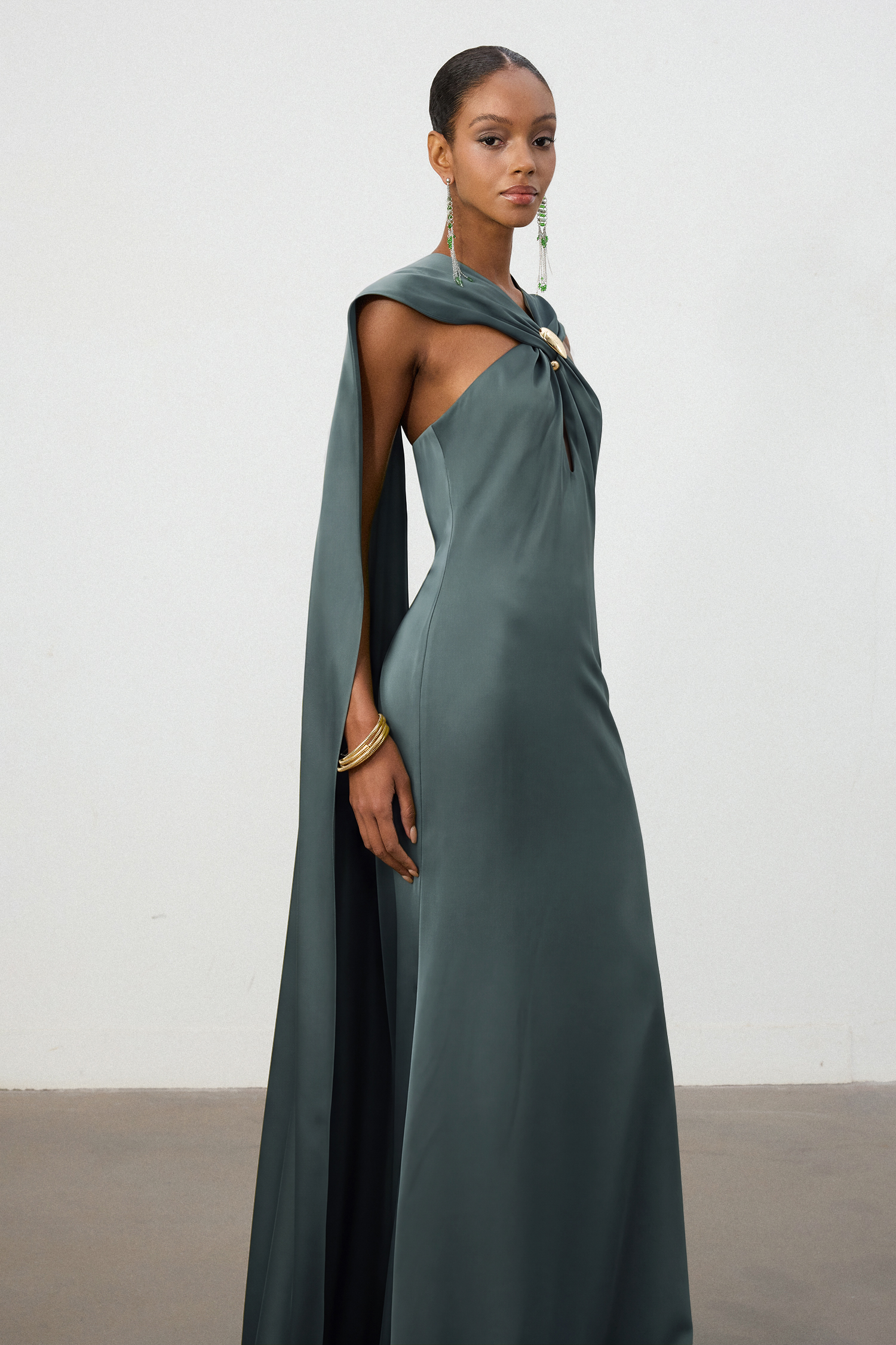 Dusty Pine Satin Cape Column Gown