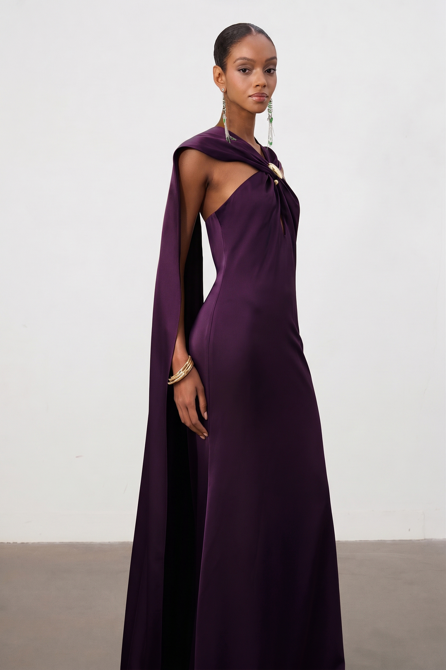 Royal Plum Satin Cape Column Gown