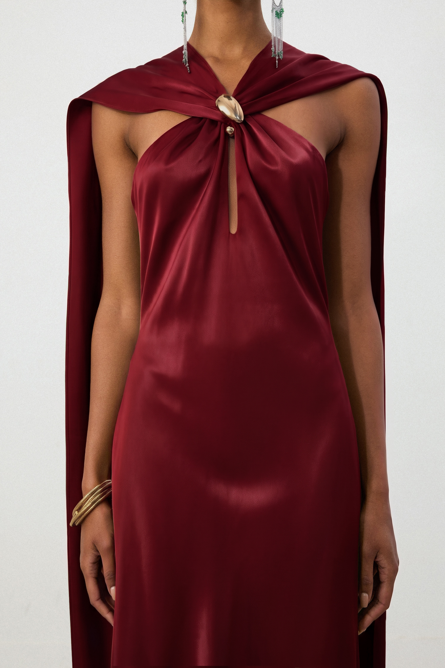 Burgundy Satin Cape Column Red Gown