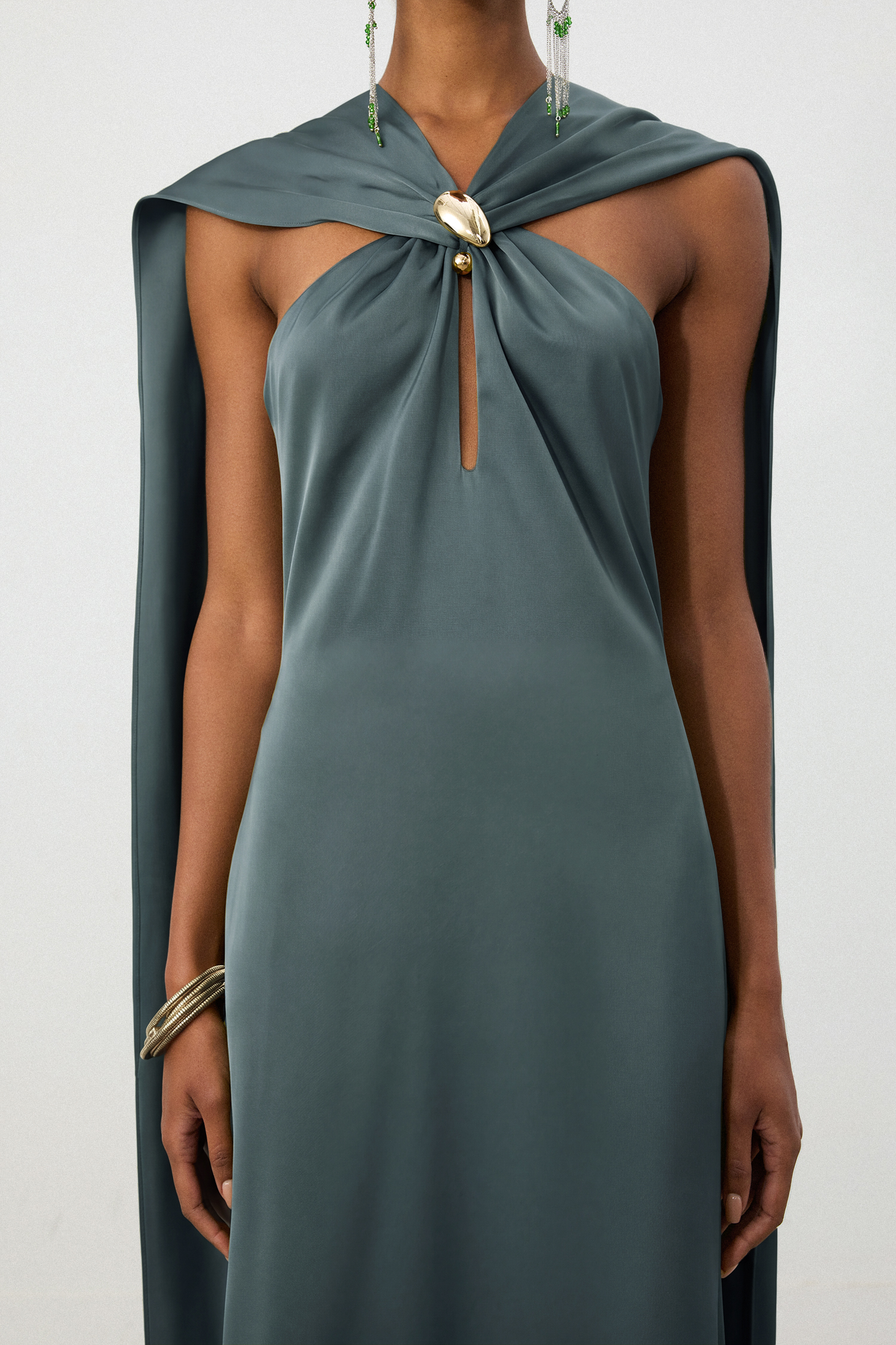 Dusty Pine Satin Cape Column Gown