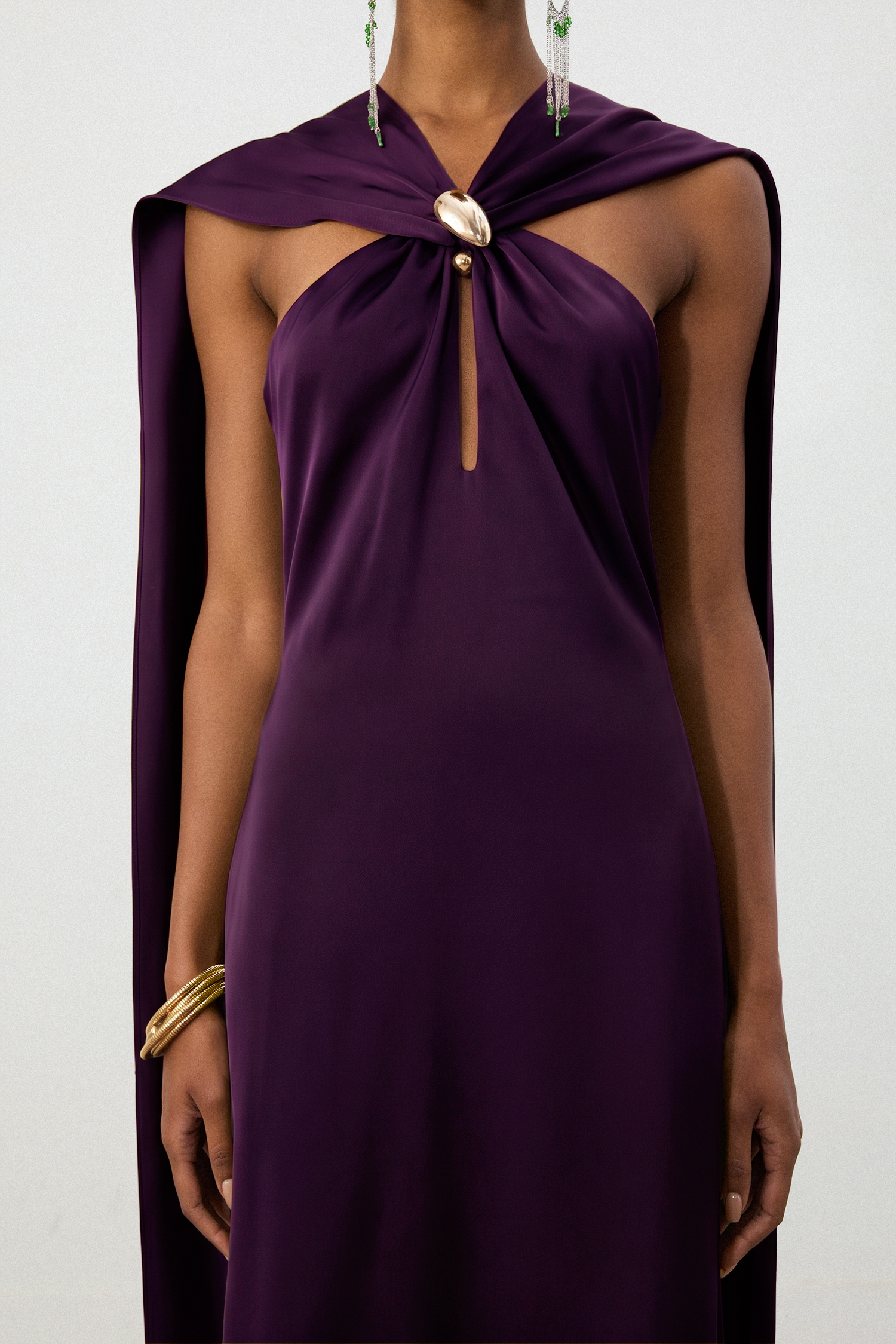 Royal Plum Satin Cape Column Gown