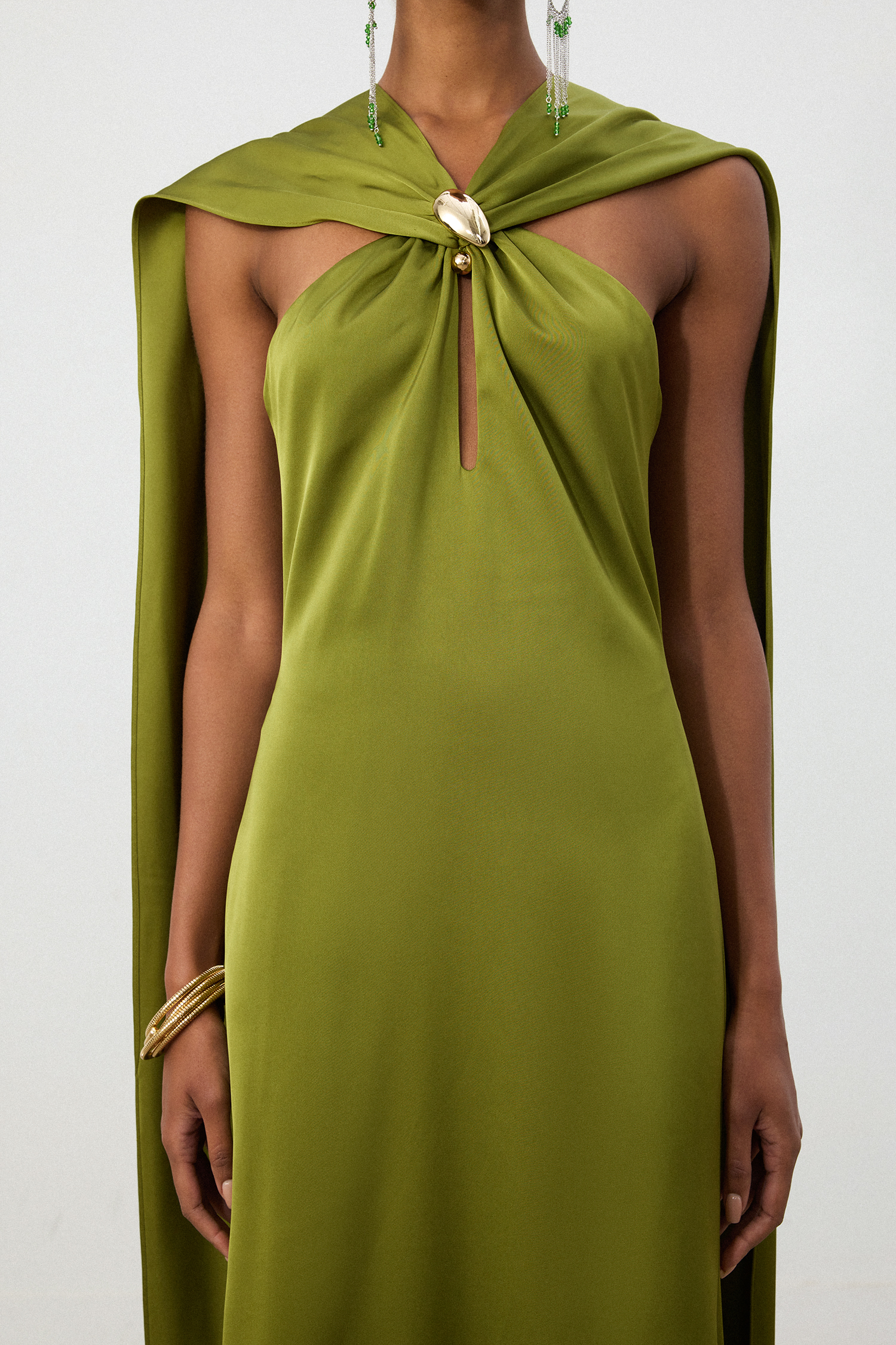 Olive Green Satin Cape Column Gown