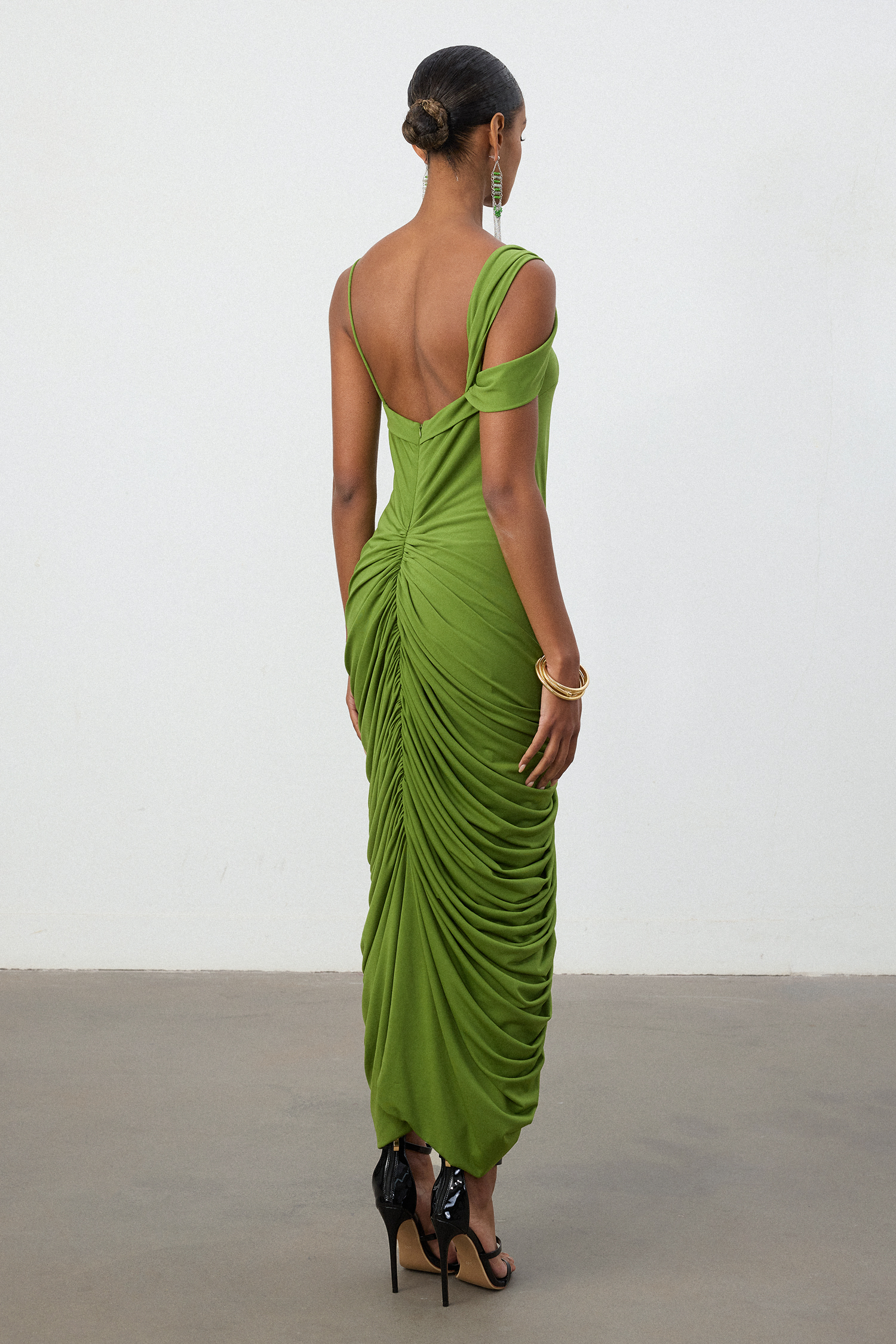 Lime Green One-Shoulder Ruched Twist Midi Dress