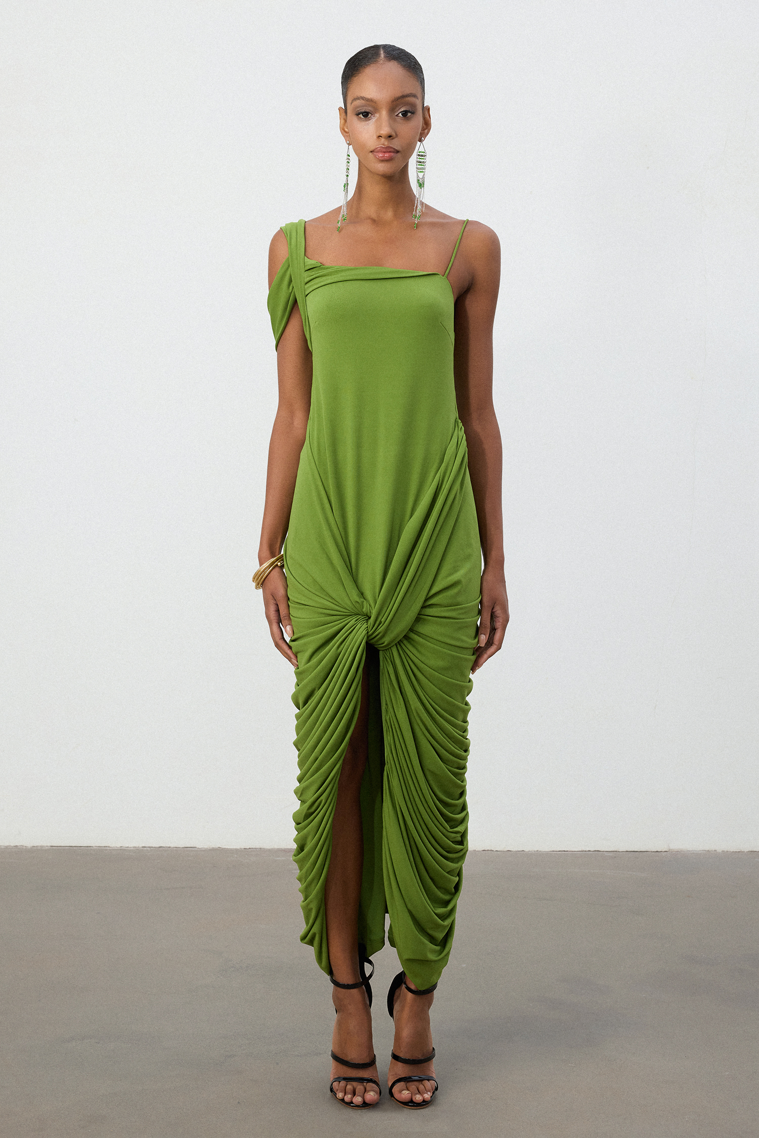 Lime Green One-Shoulder Ruched Twist Midi Dress