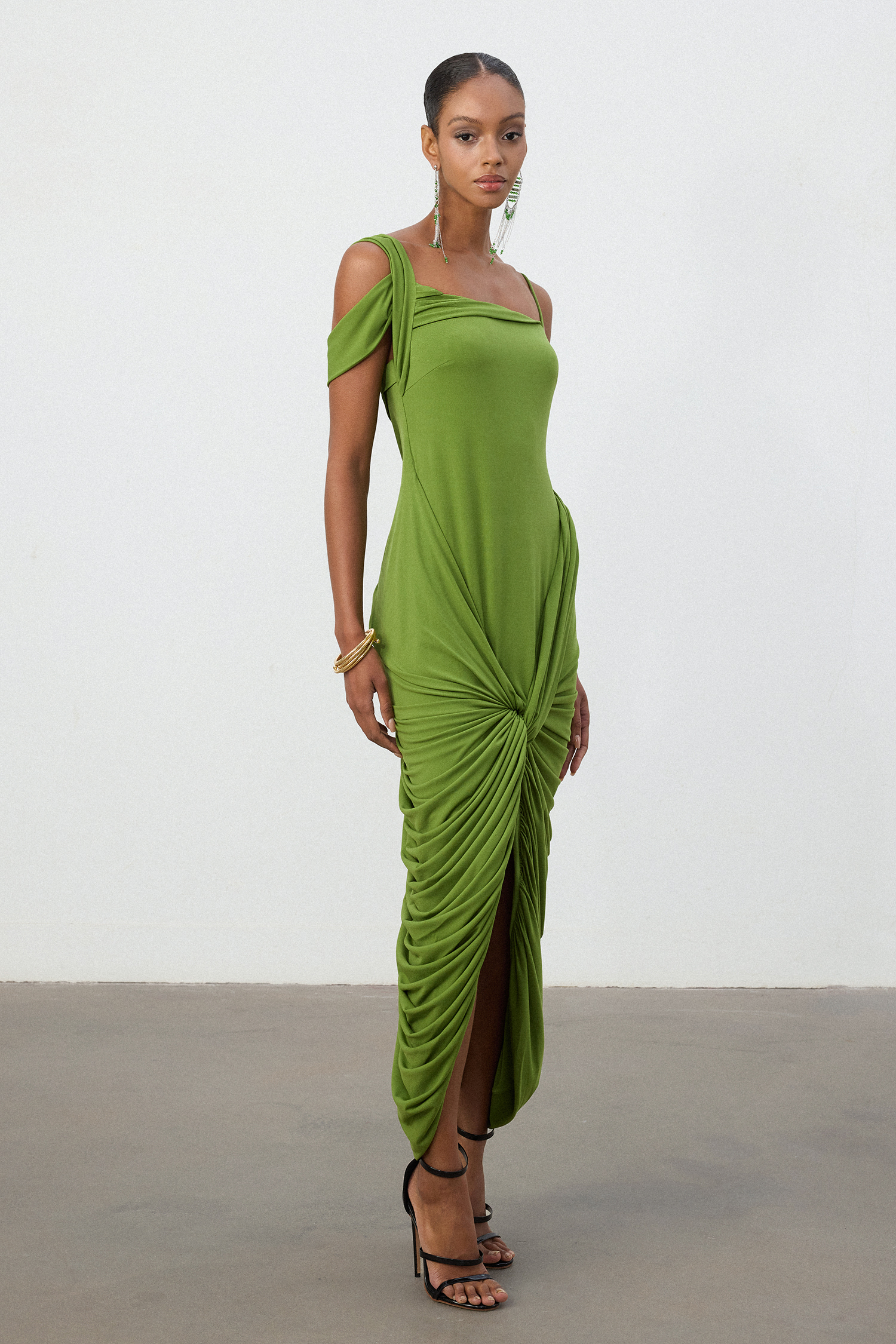Lime Green One-Shoulder Ruched Twist Midi Dress