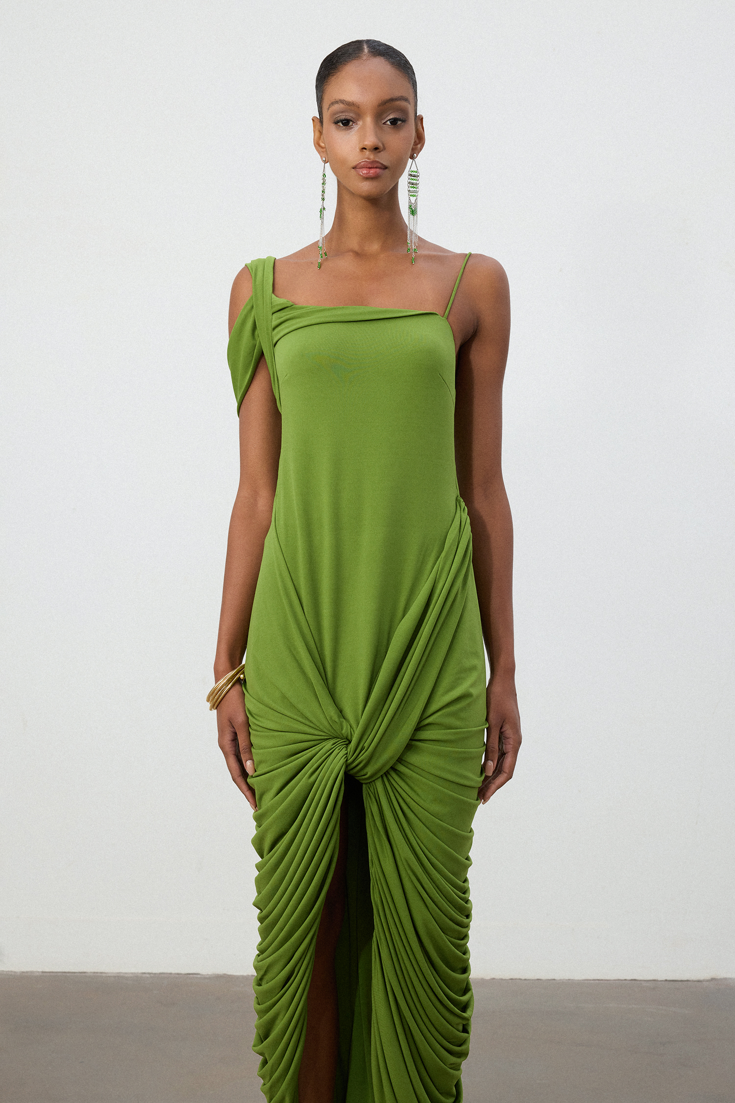 Lime Green One-Shoulder Ruched Twist Midi Dress